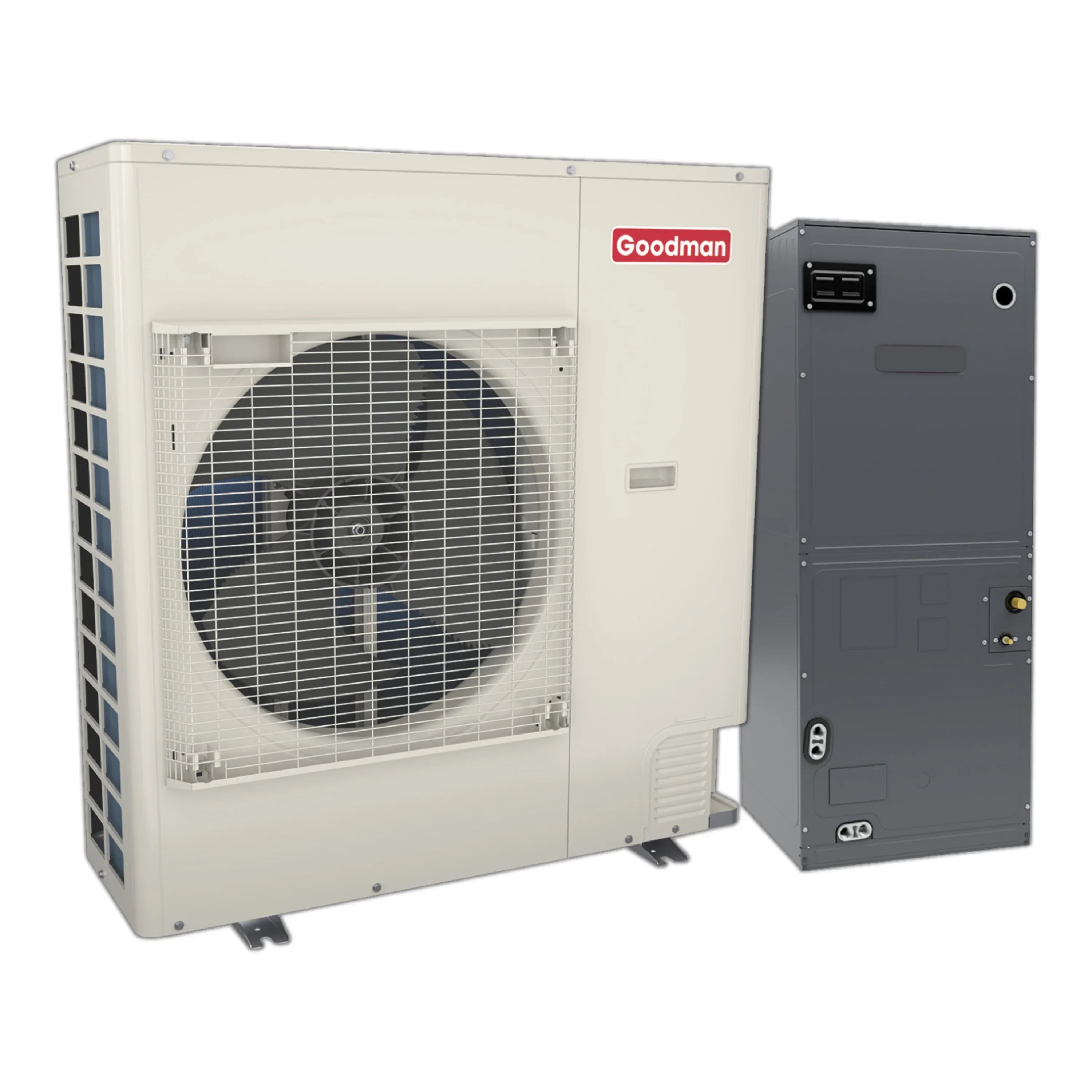 Goodman condenser unit and air handler, white outdoor condenser with dark cabinet