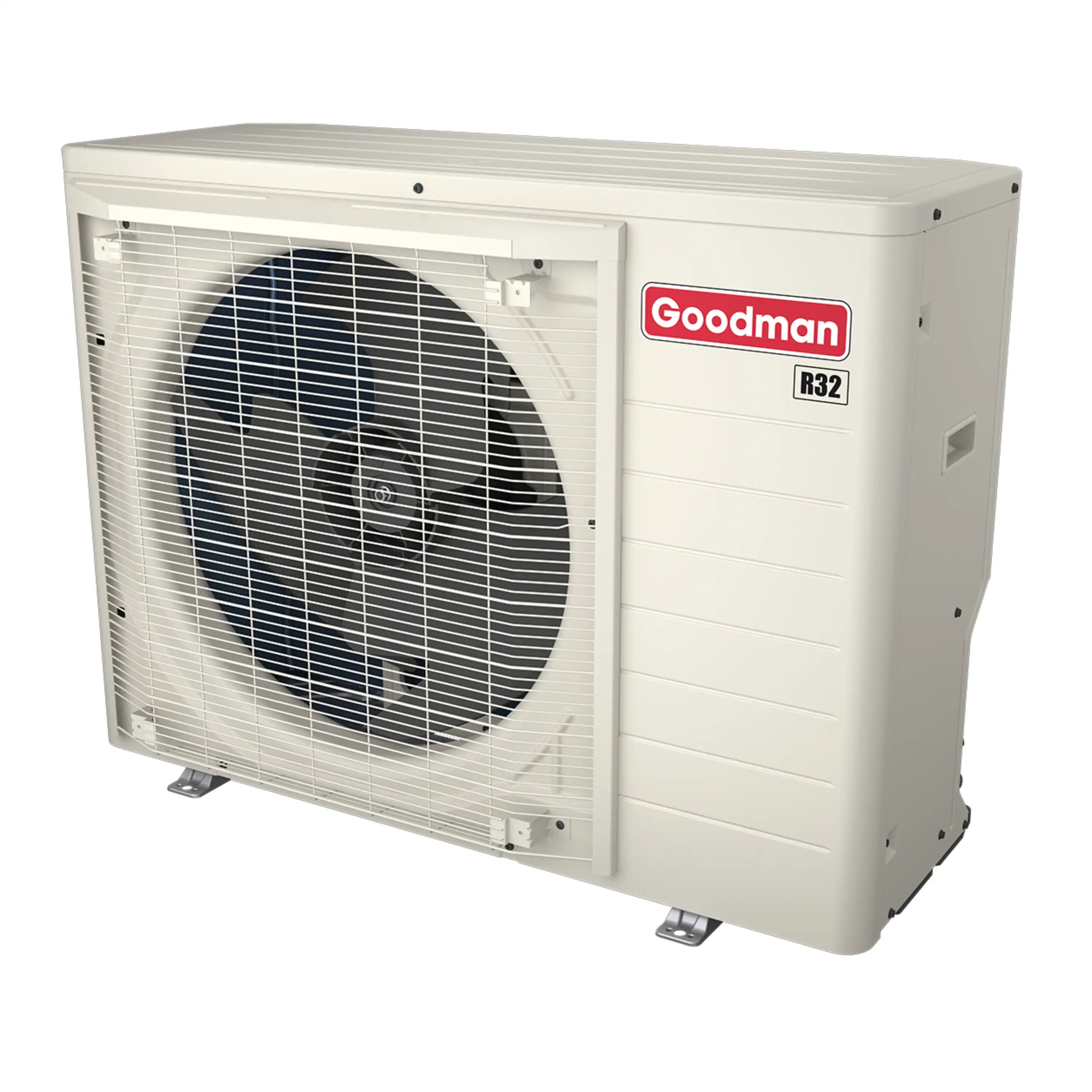 Goodman central air conditioner condenser, white cabinet with fan grille