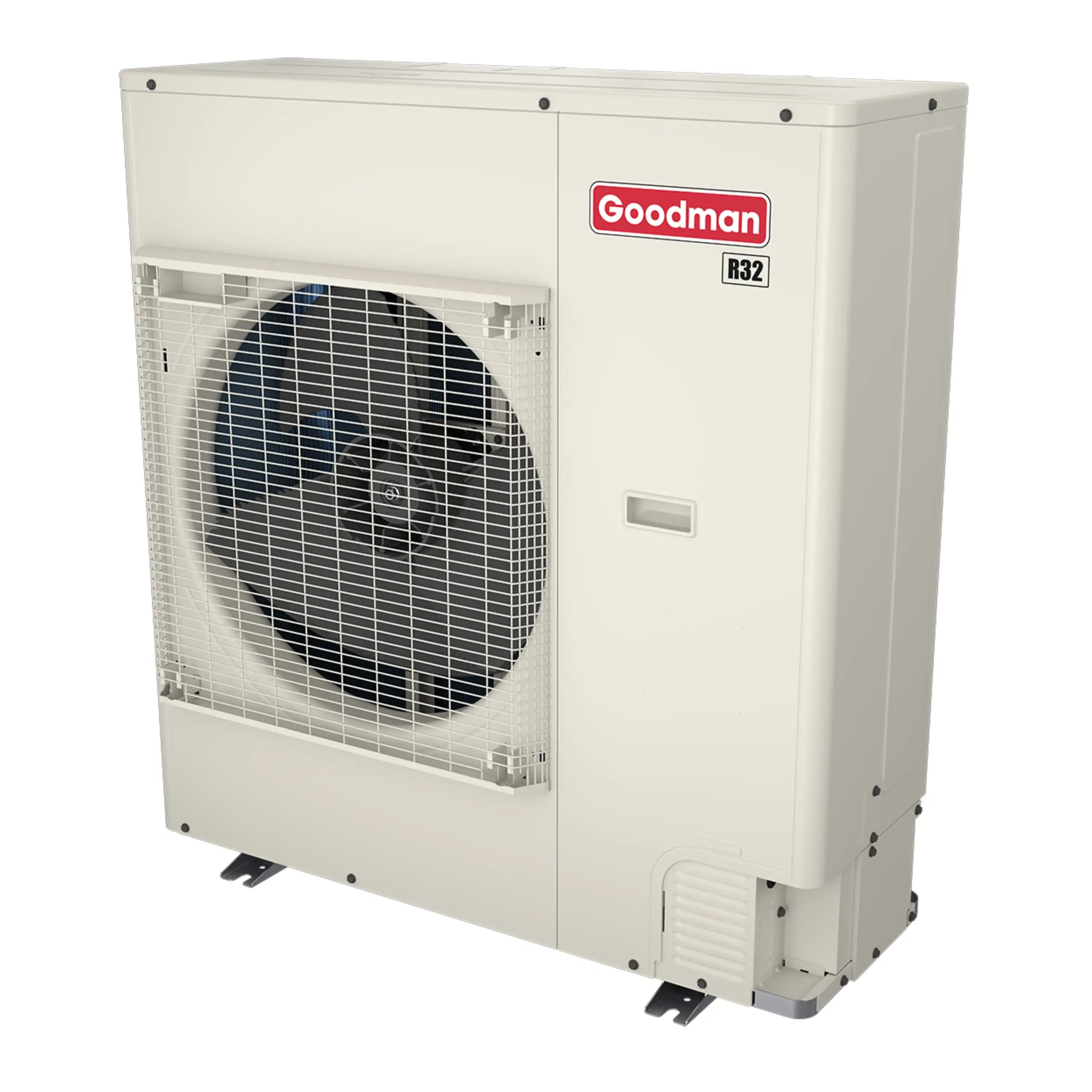 White outdoor central air conditioner condenser with fan grille and Goodman badge