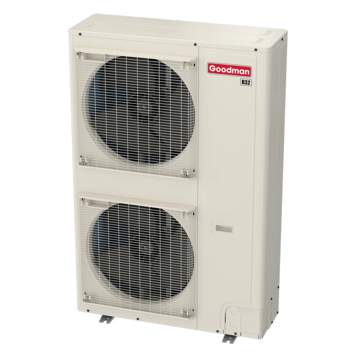 Outdoor heat pump condenser unit with two fan grilles, Goodman R-32 label