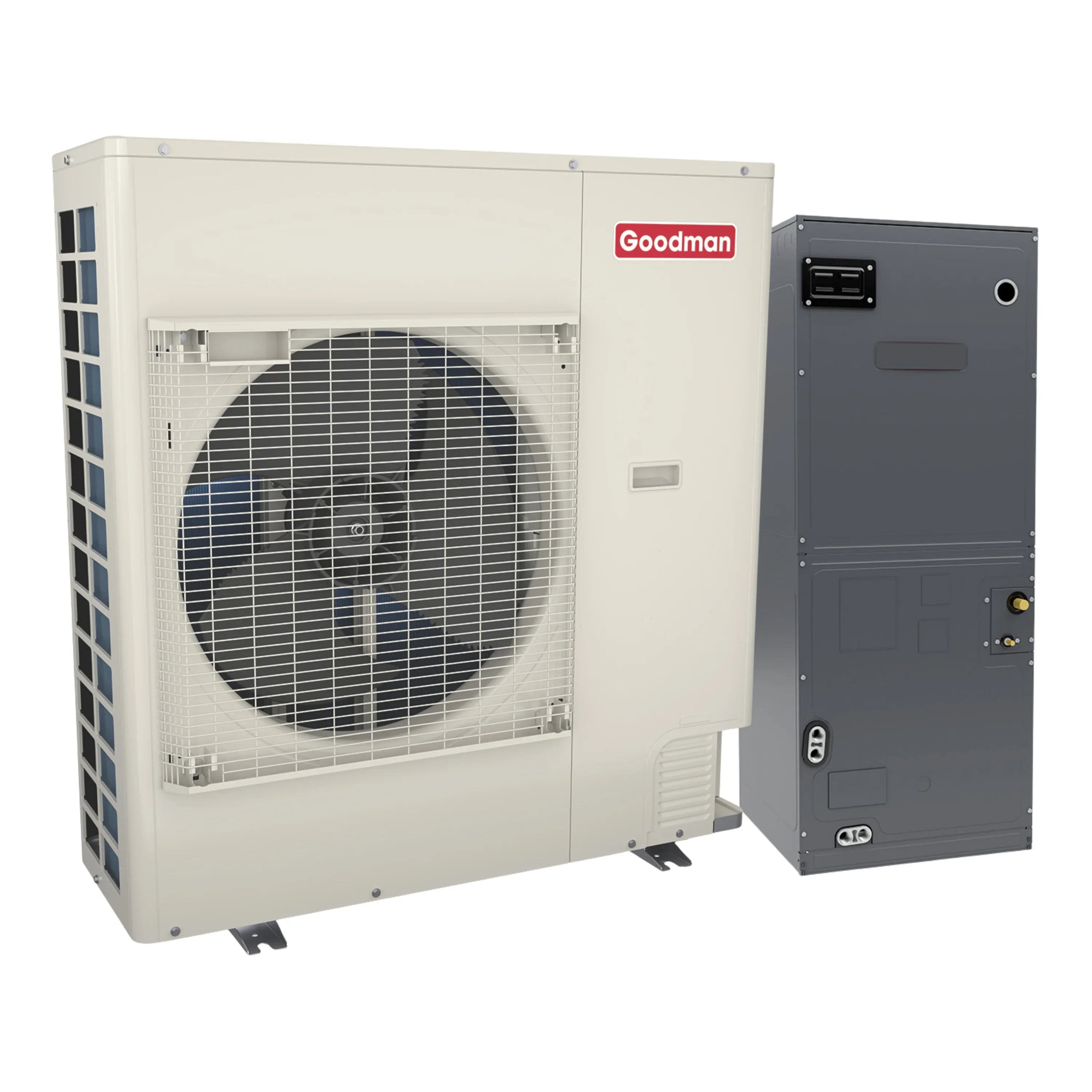 Goodman heat pump condenser with open control panel, front fan grille and side ports