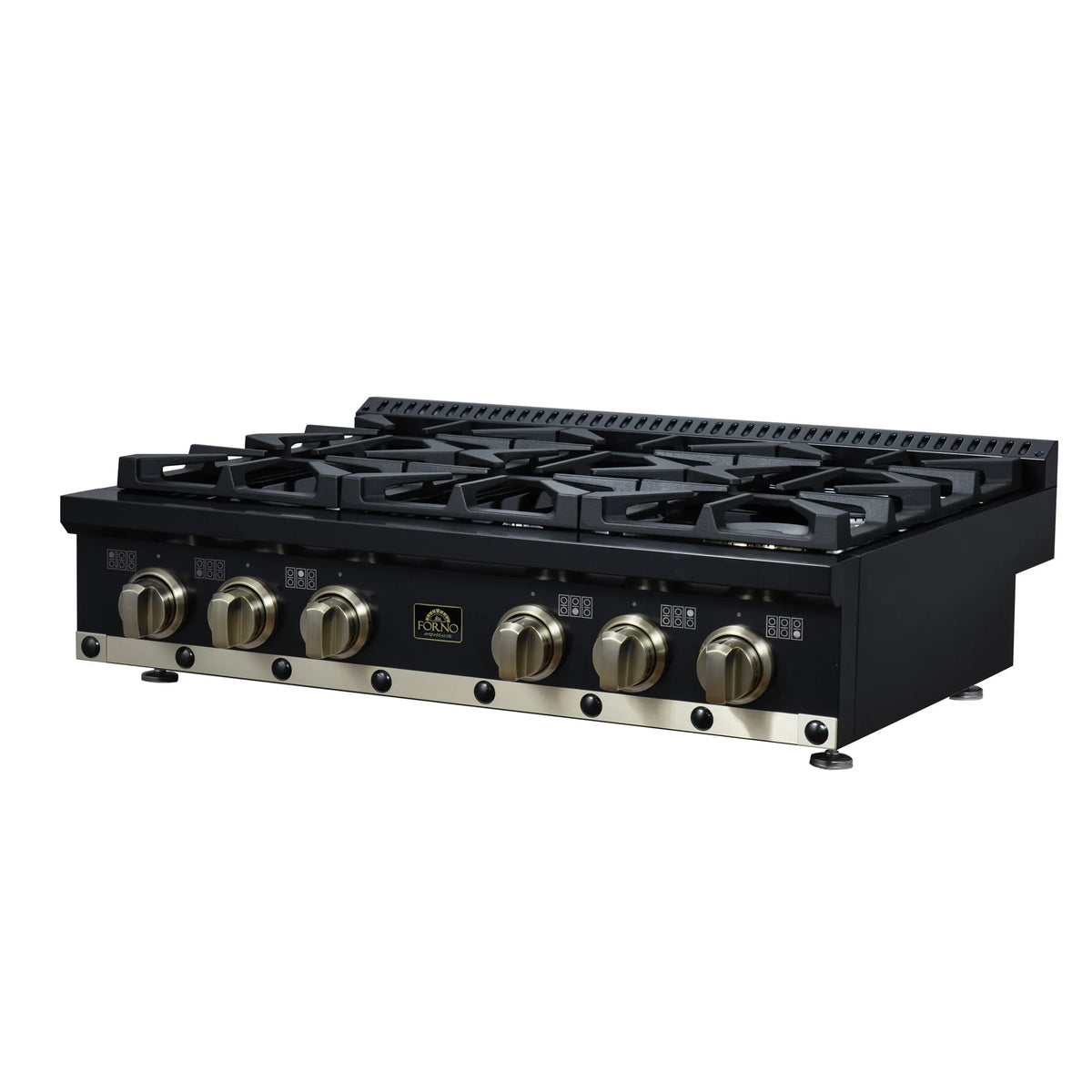 Black gas cooktop angled view with 6 sealed burners and front brass control knobs