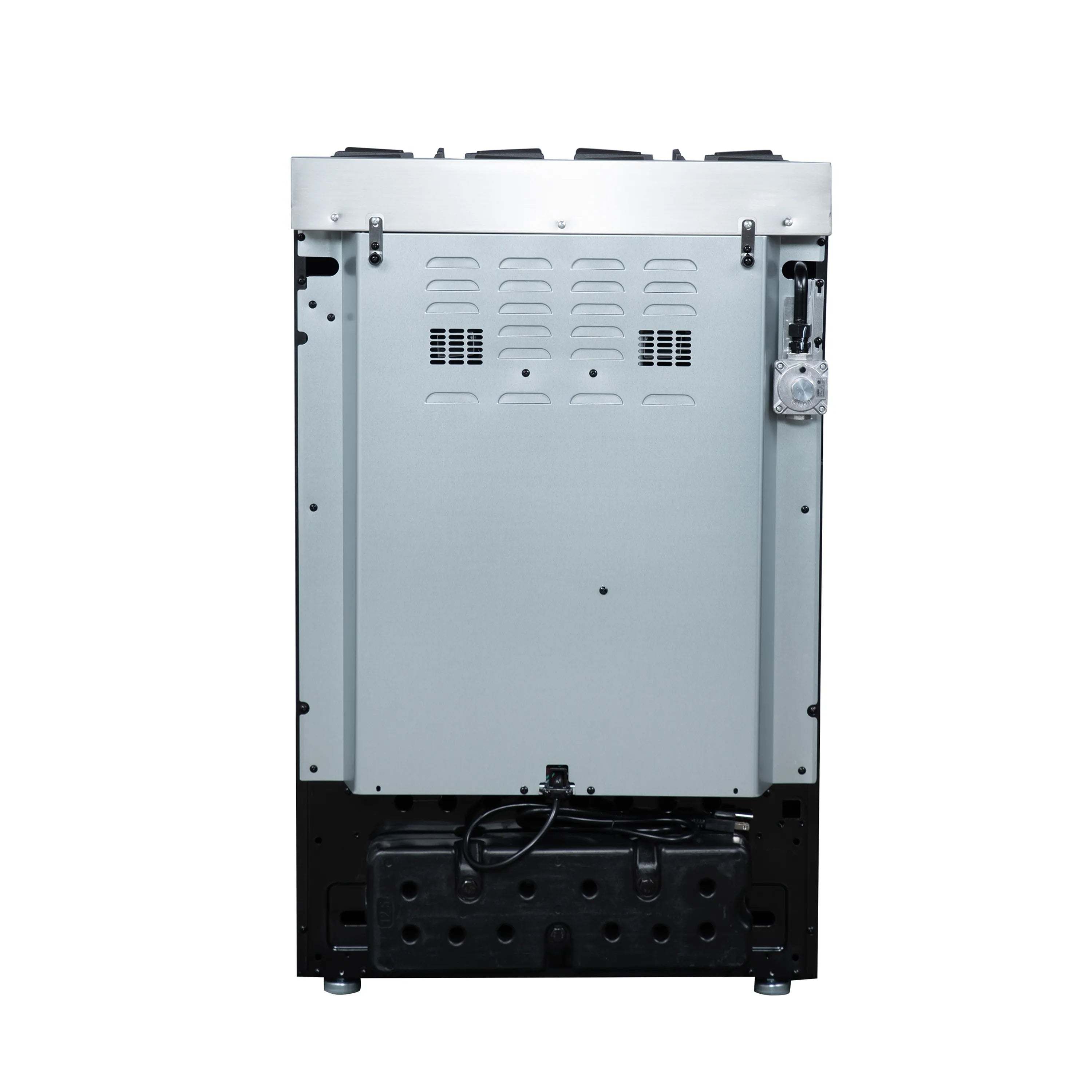 Freestanding gas range rear panel with metal housing, vents, and power connection area