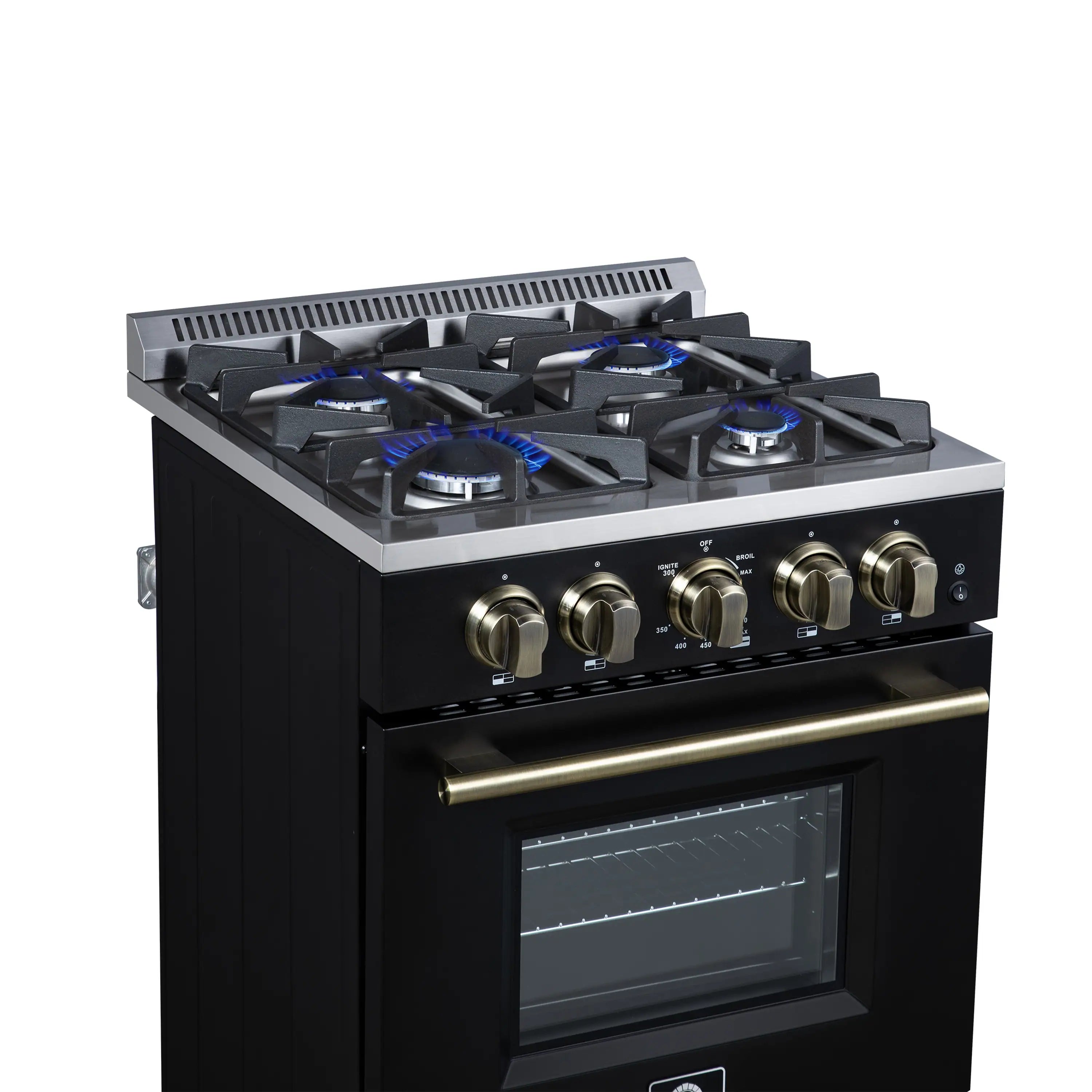Black 24-inch freestanding gas range with brass knobs and front control panel, 4 burners