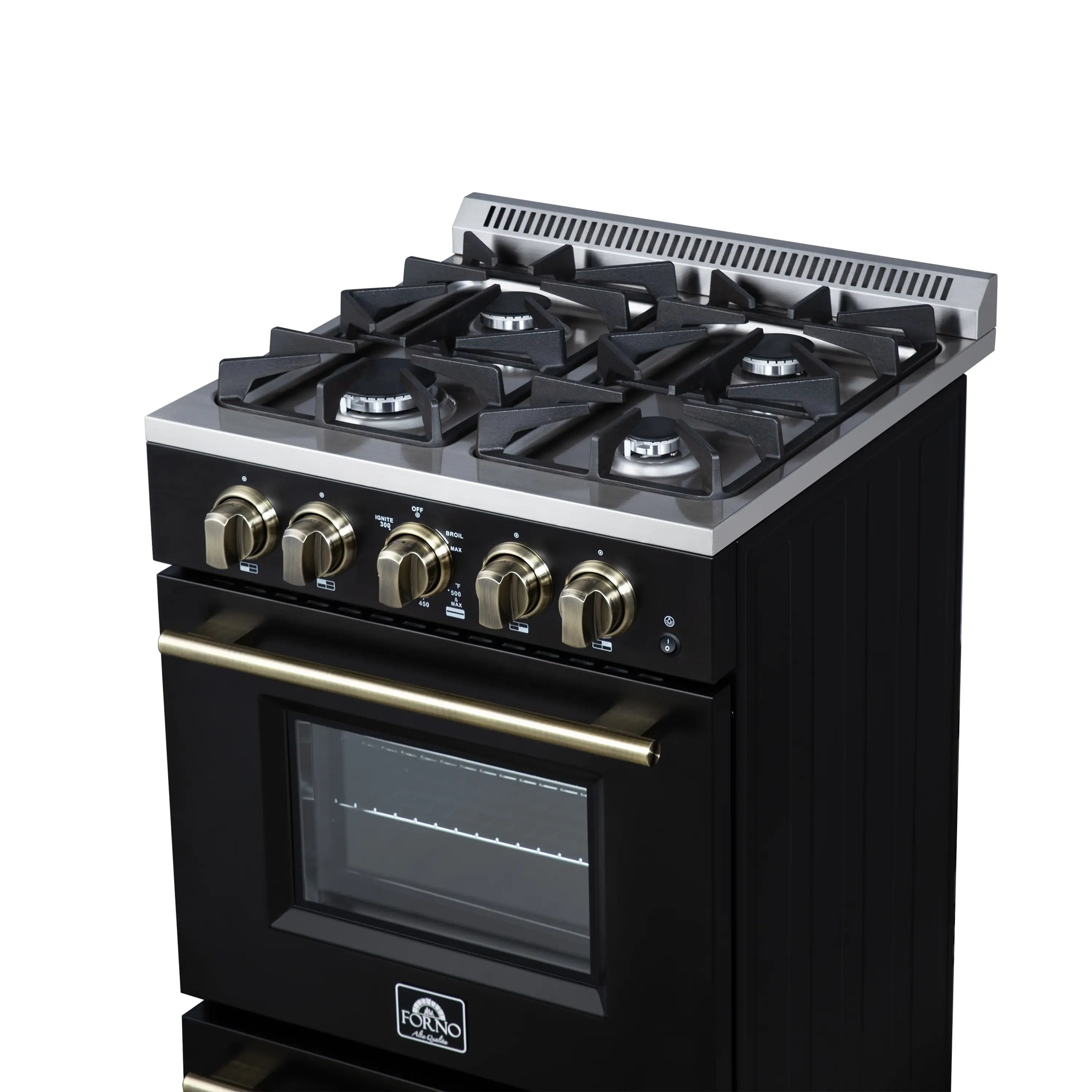 Black 24-inch freestanding gas range with brass control knobs and 4-burner cooktop