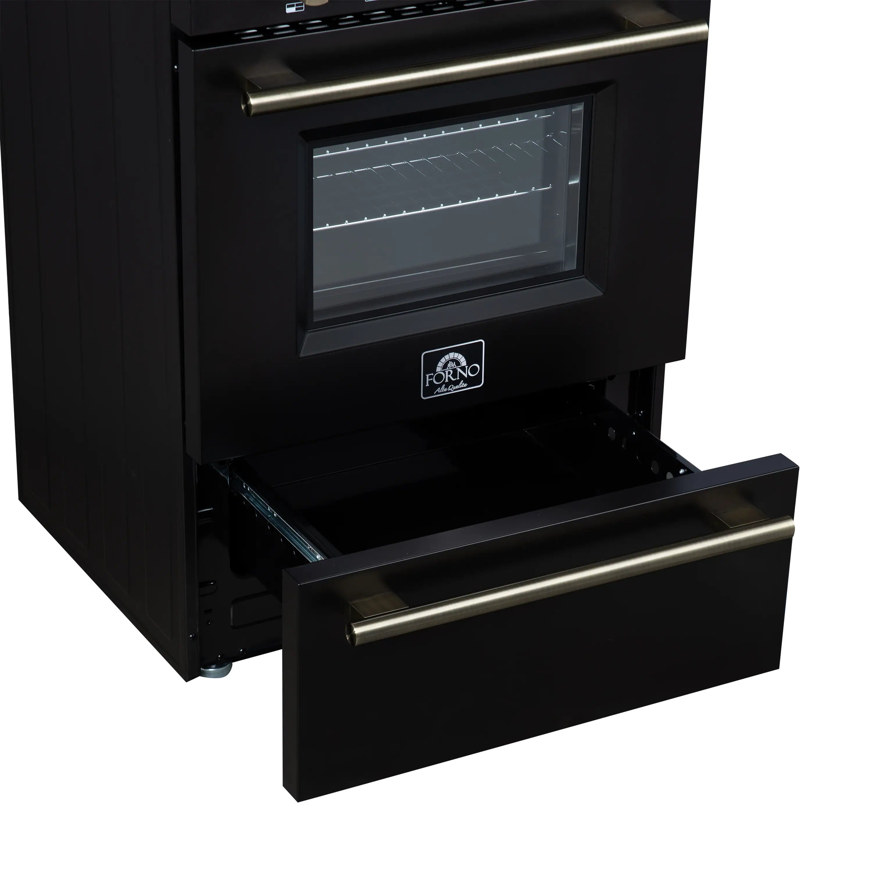 Black freestanding gas range with brass handle trim and open oven door drawer