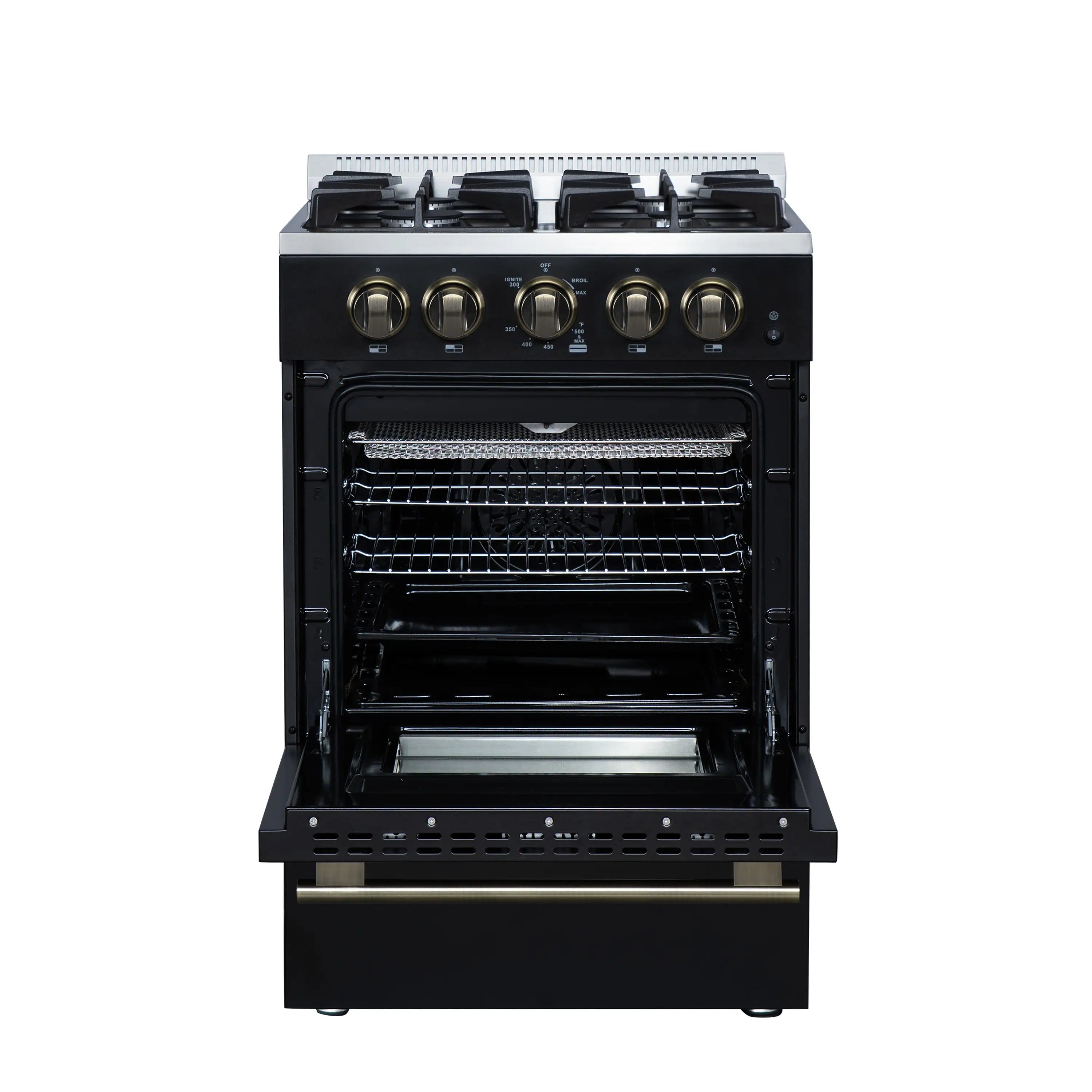 Black 24-inch freestanding gas range with open oven cavity, racks and brass handle