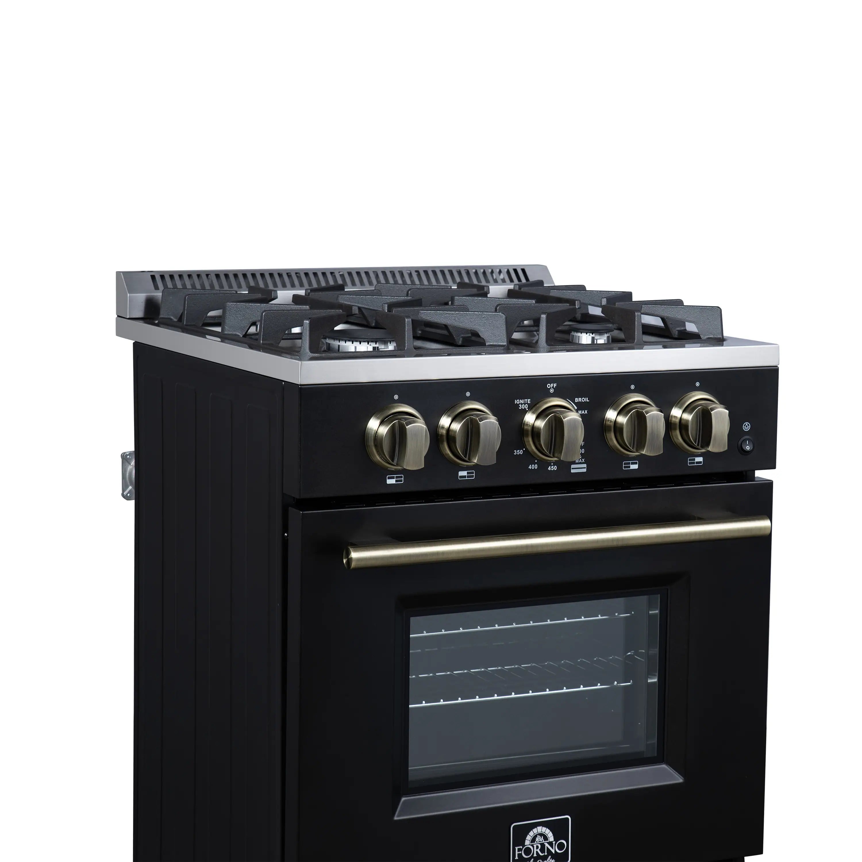 Black 24-inch freestanding gas range with brass control knobs and stainless burner grates