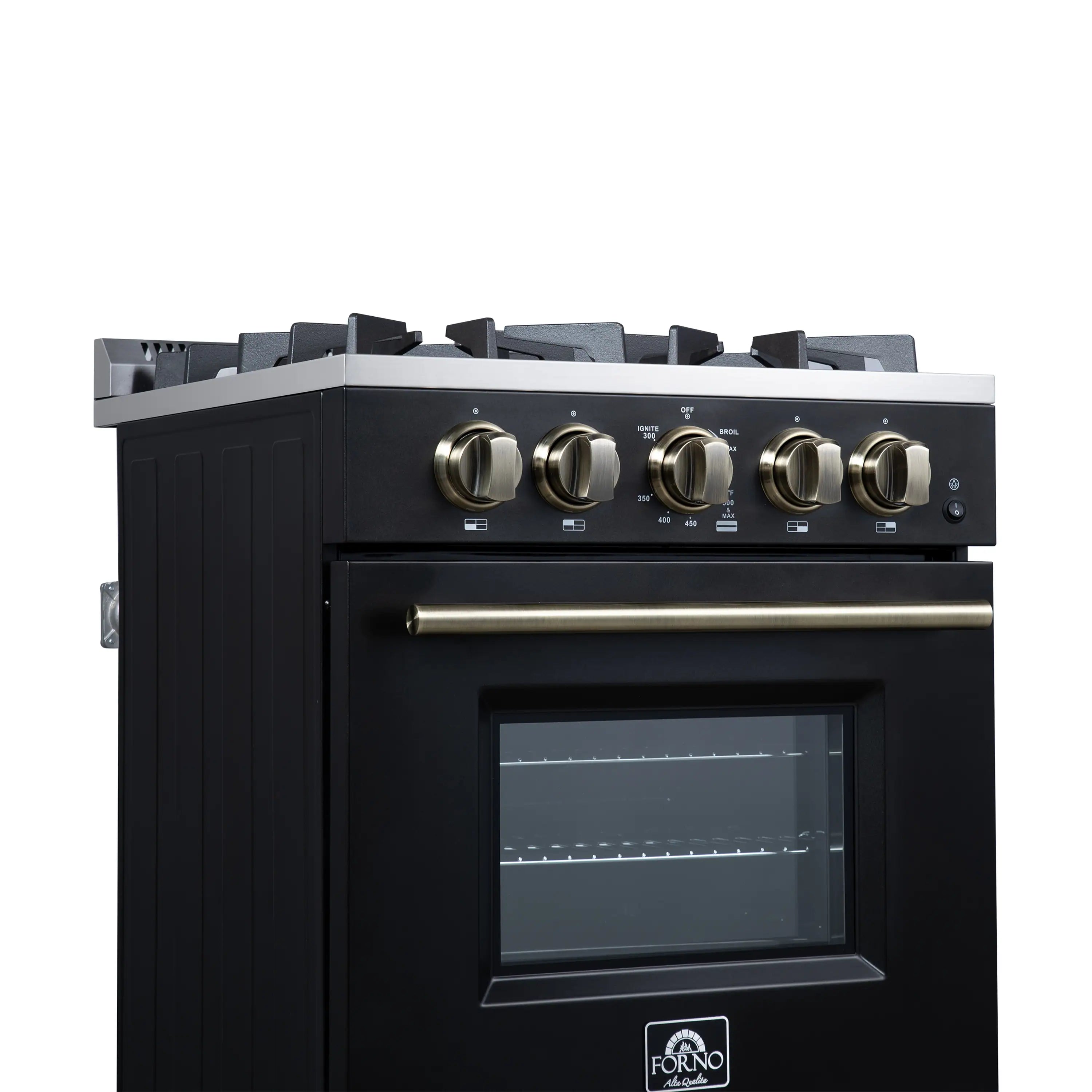 Black 24-inch freestanding gas range side view with brass knobs and oven window