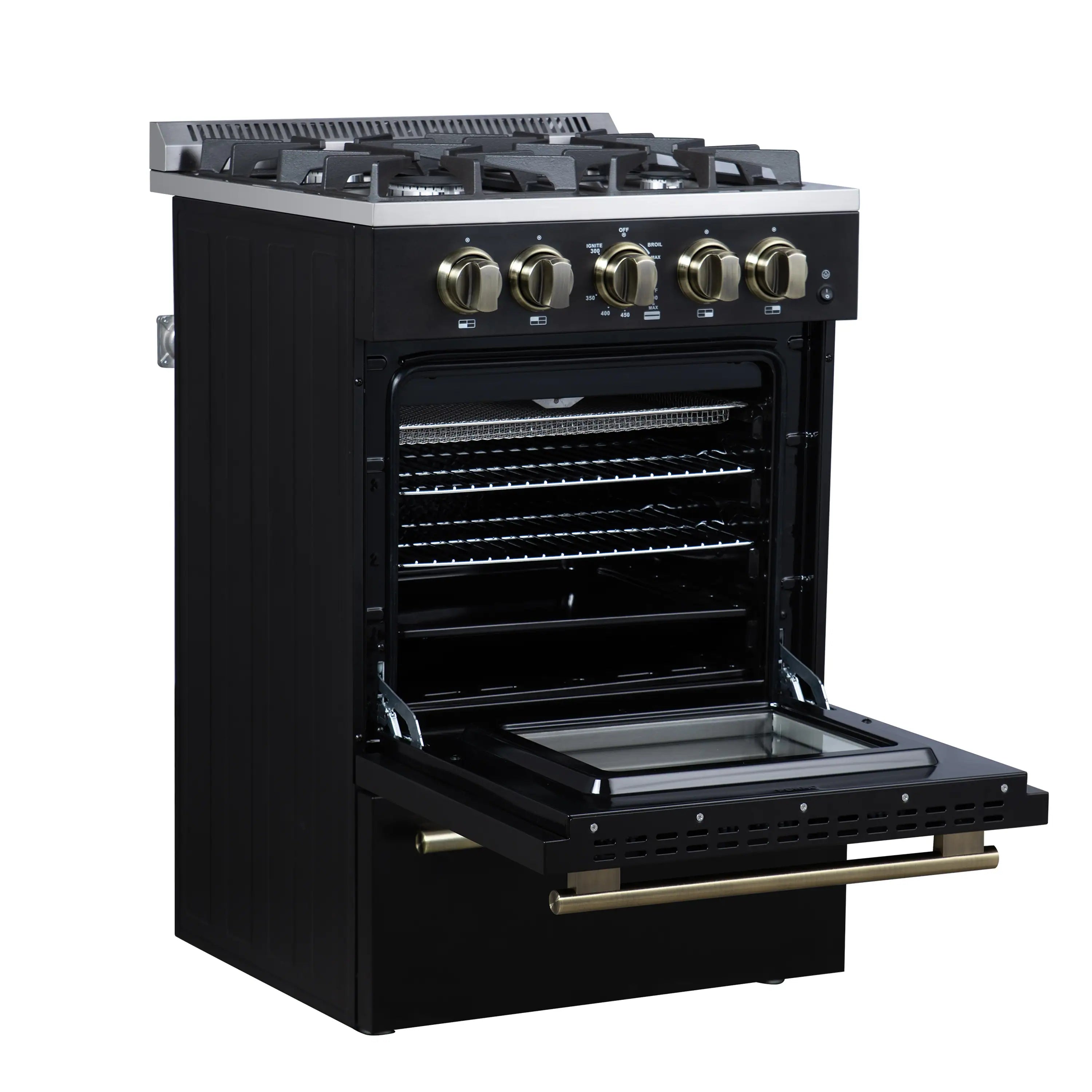 Black freestanding gas range with open oven door, grill rack and brass handle trim