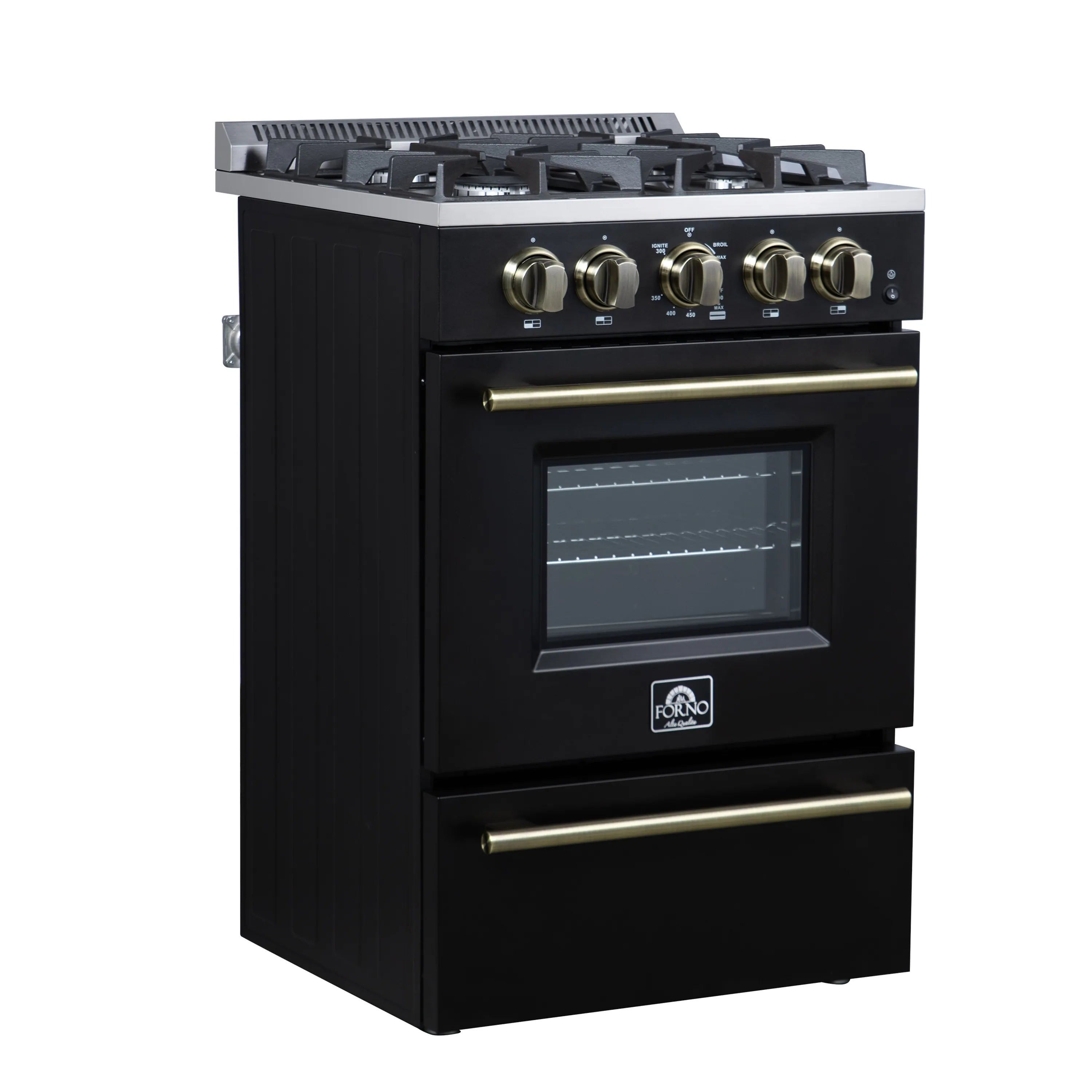 Black 24-inch freestanding gas range with brass knobs, oven window and 4-burner grates