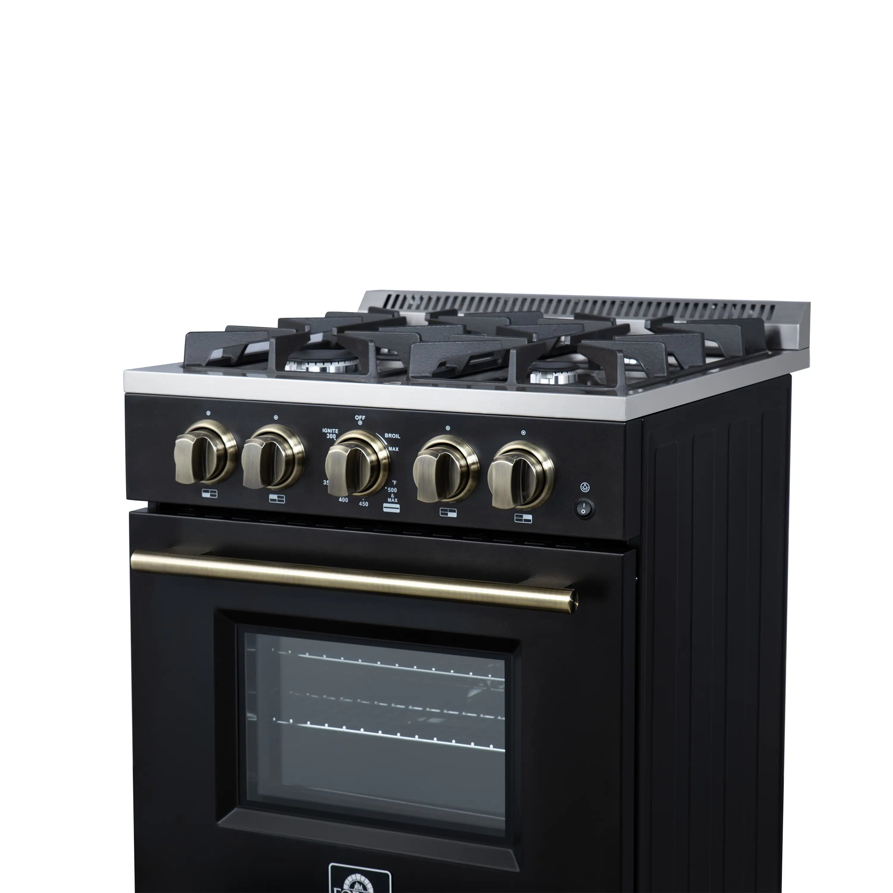 Black freestanding gas range with 5 burners, brass trim, control knobs, and oven door window