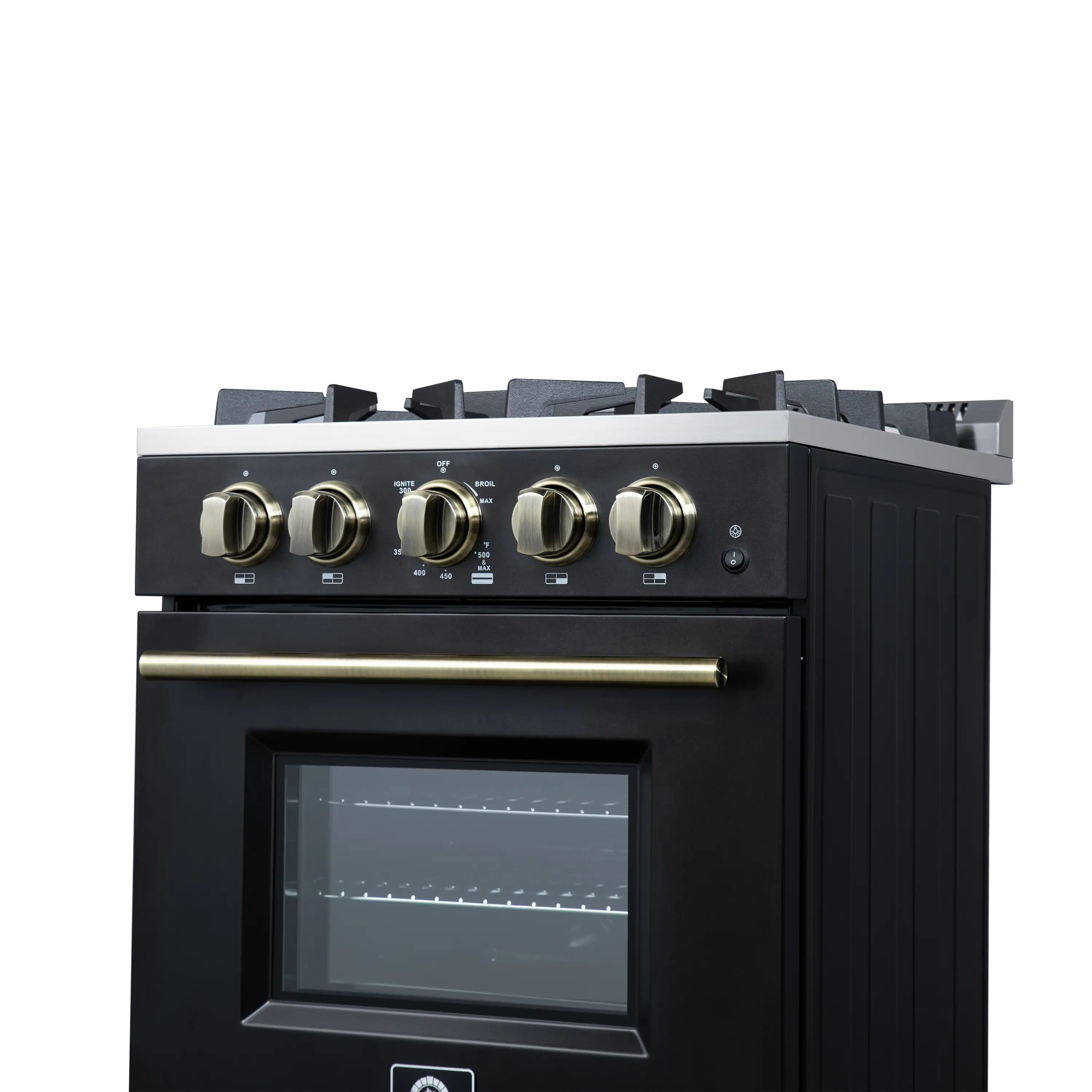 Black freestanding gas range front view with brass trim bar, five burners, and control panel knobs