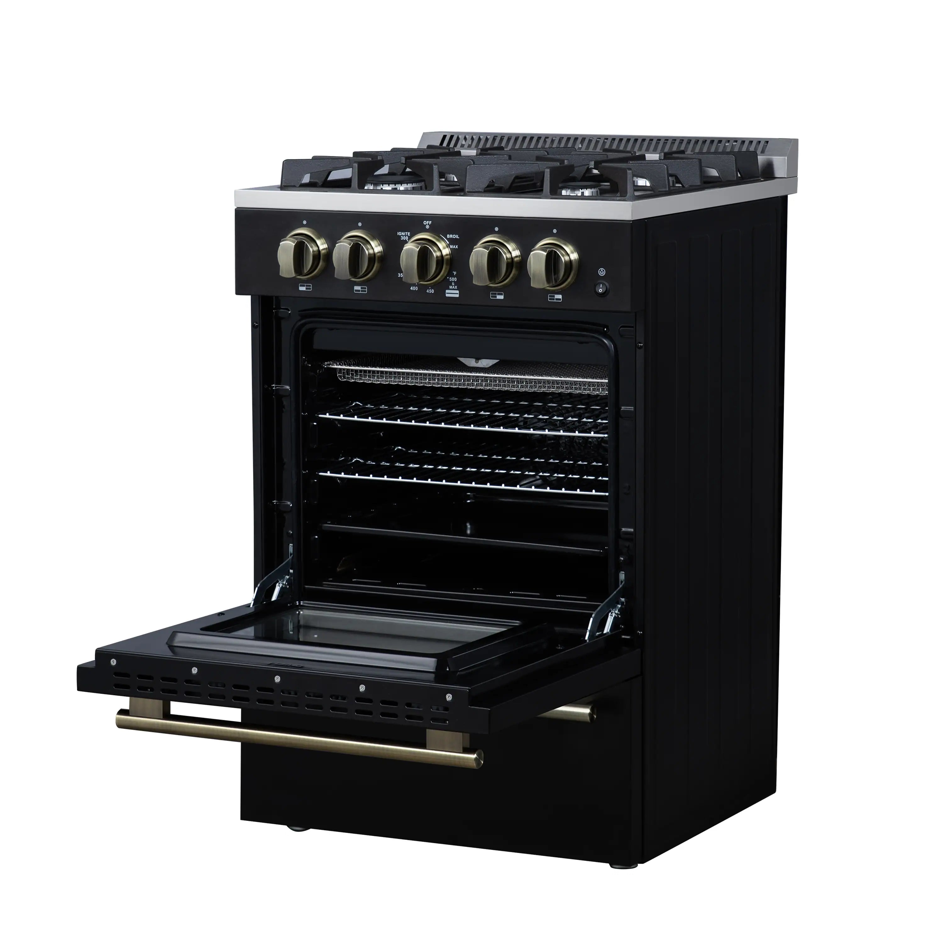 Black freestanding gas range with oven door open, interior racks, and 5-burner cooktop