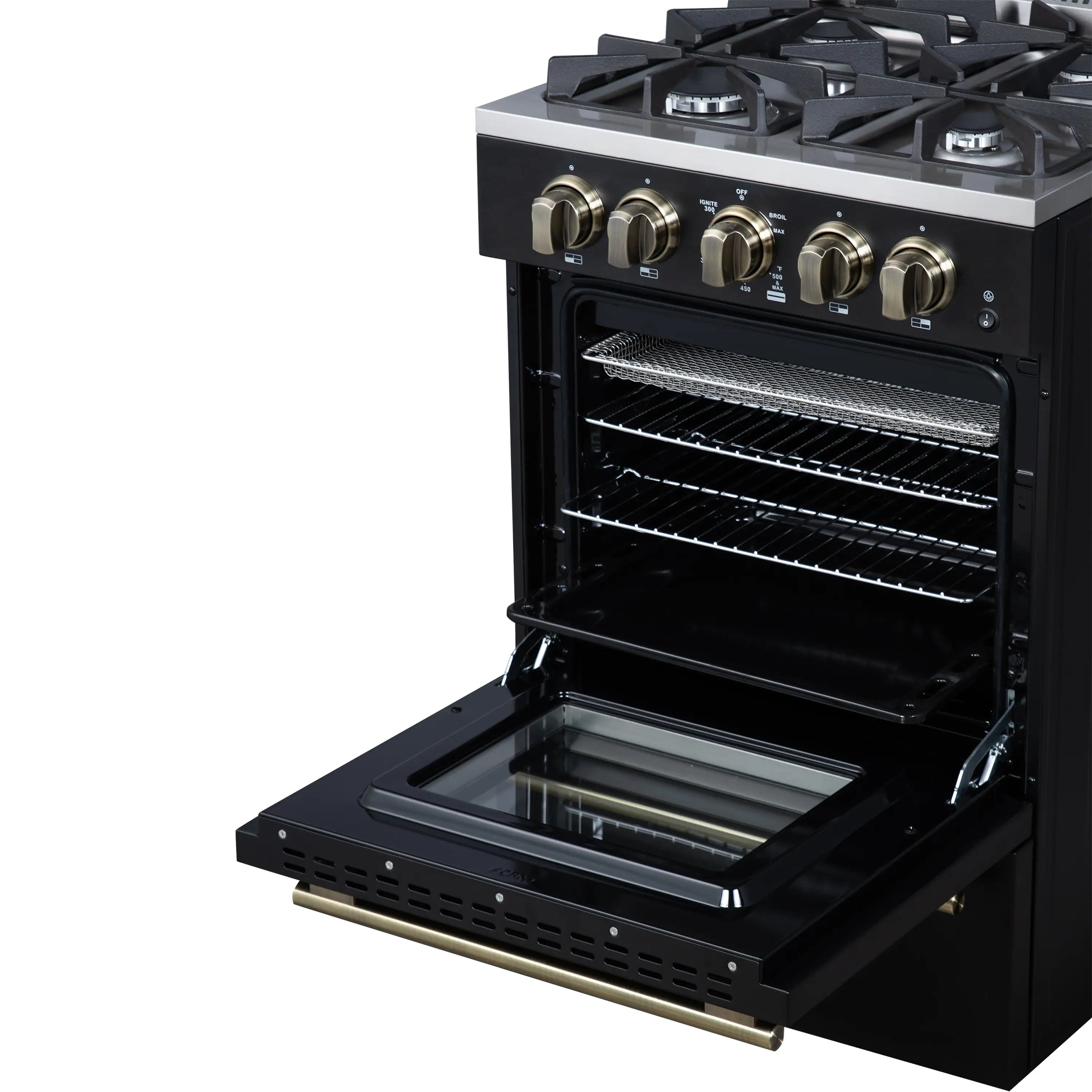 Black gas range with oven door open, wire racks inside, and brass-accented pull-out broiler drawer