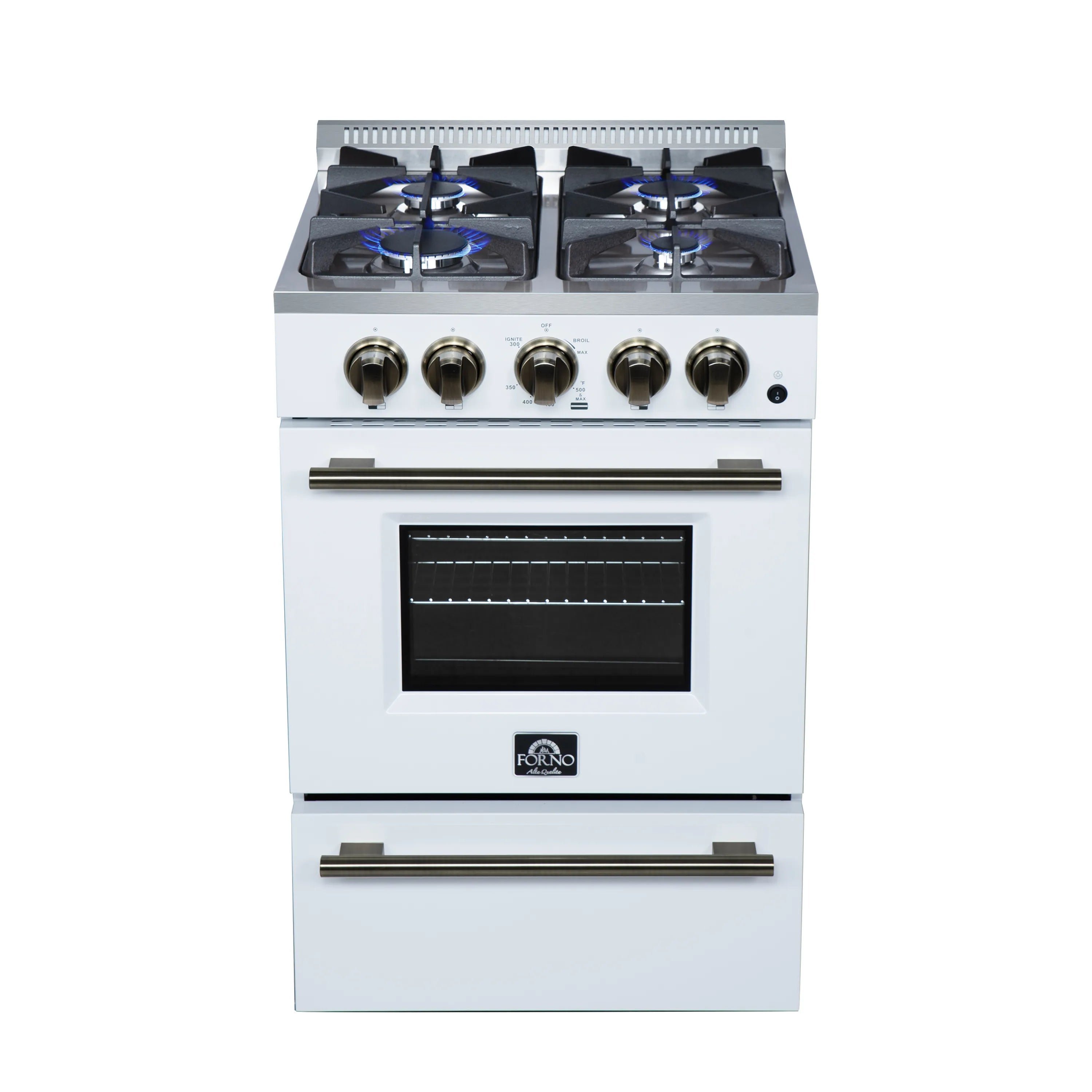 White freestanding gas range with 5 burners and brass-tone control knobs