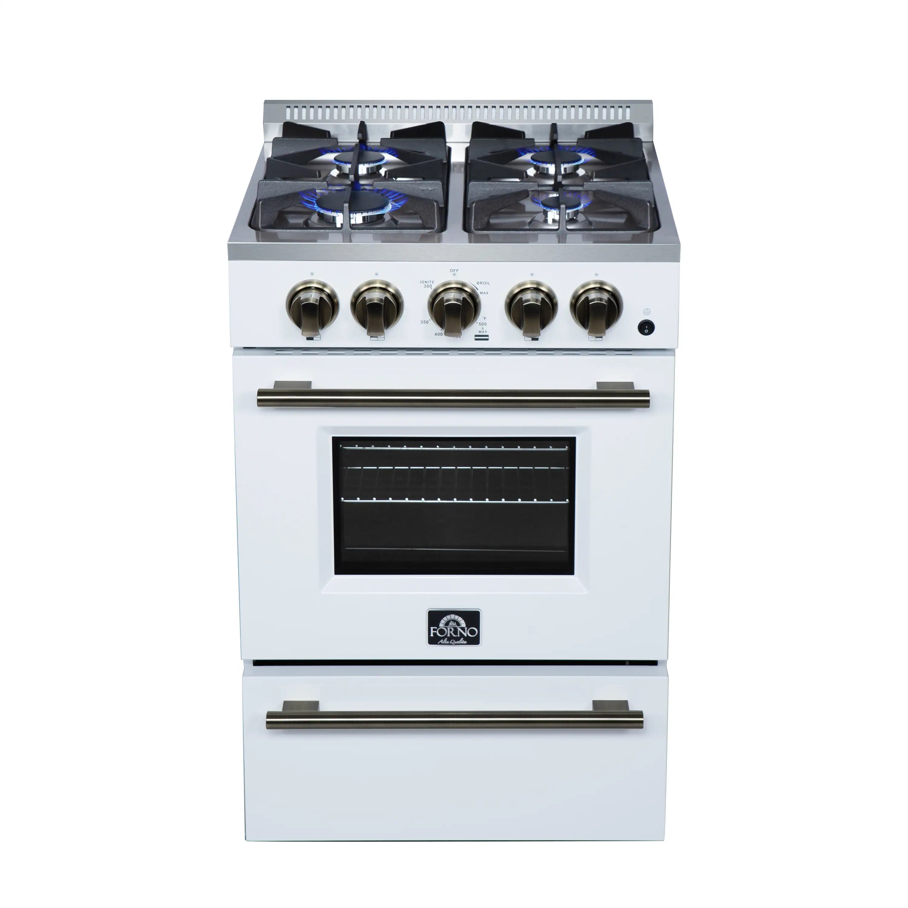 Freestanding gas range with five brass knobs, brass oven handle, and black oven window