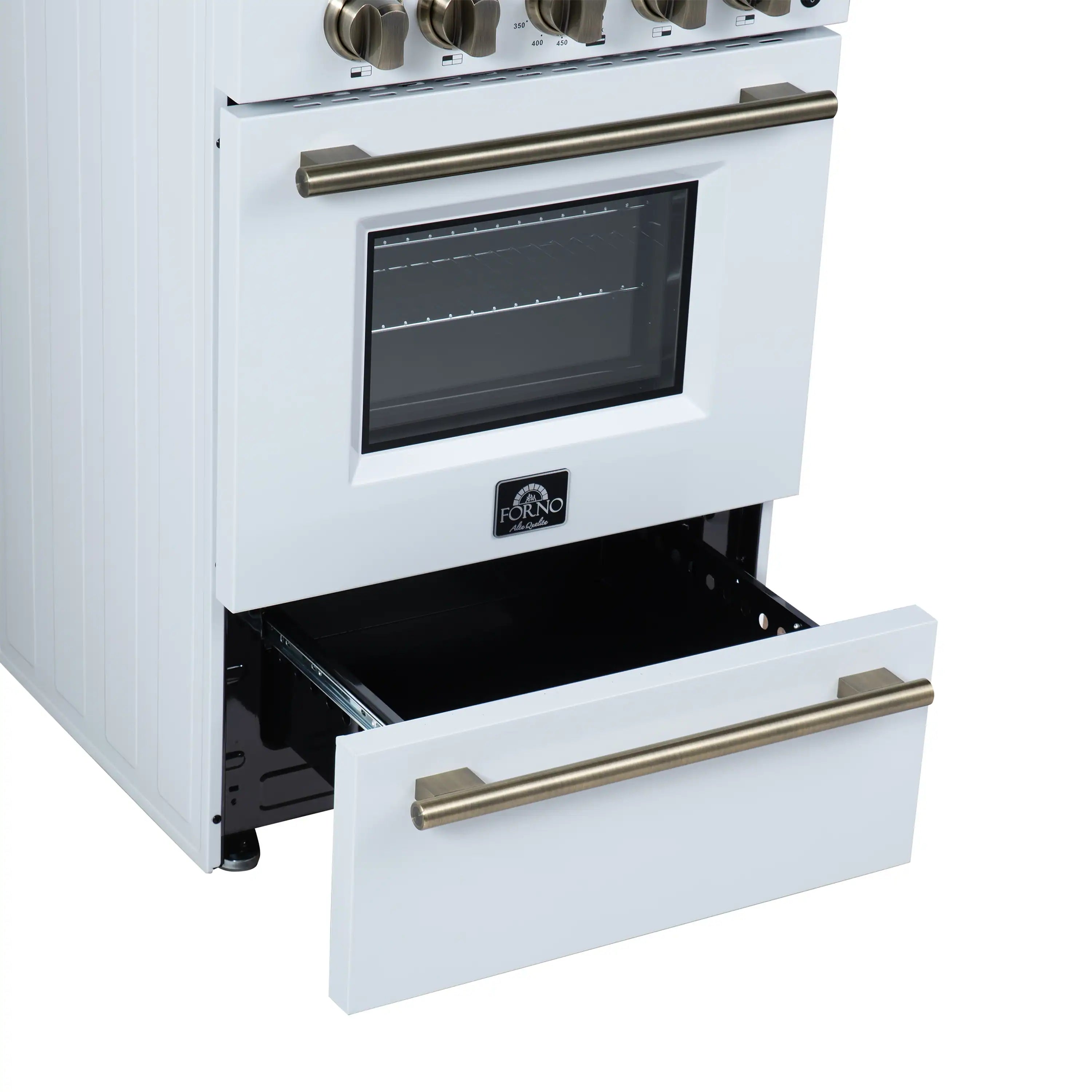 White freestanding gas range with open oven door and storage drawer, brass handle trim