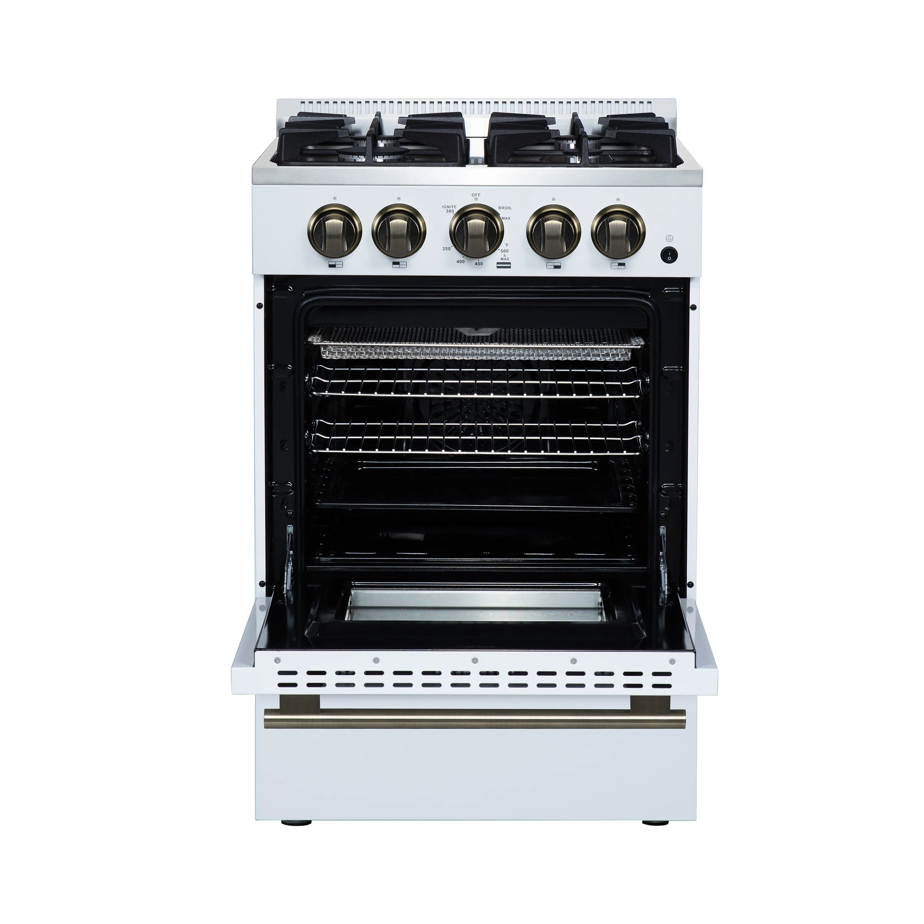 White gas range with open oven door and oven racks, brass trim detail