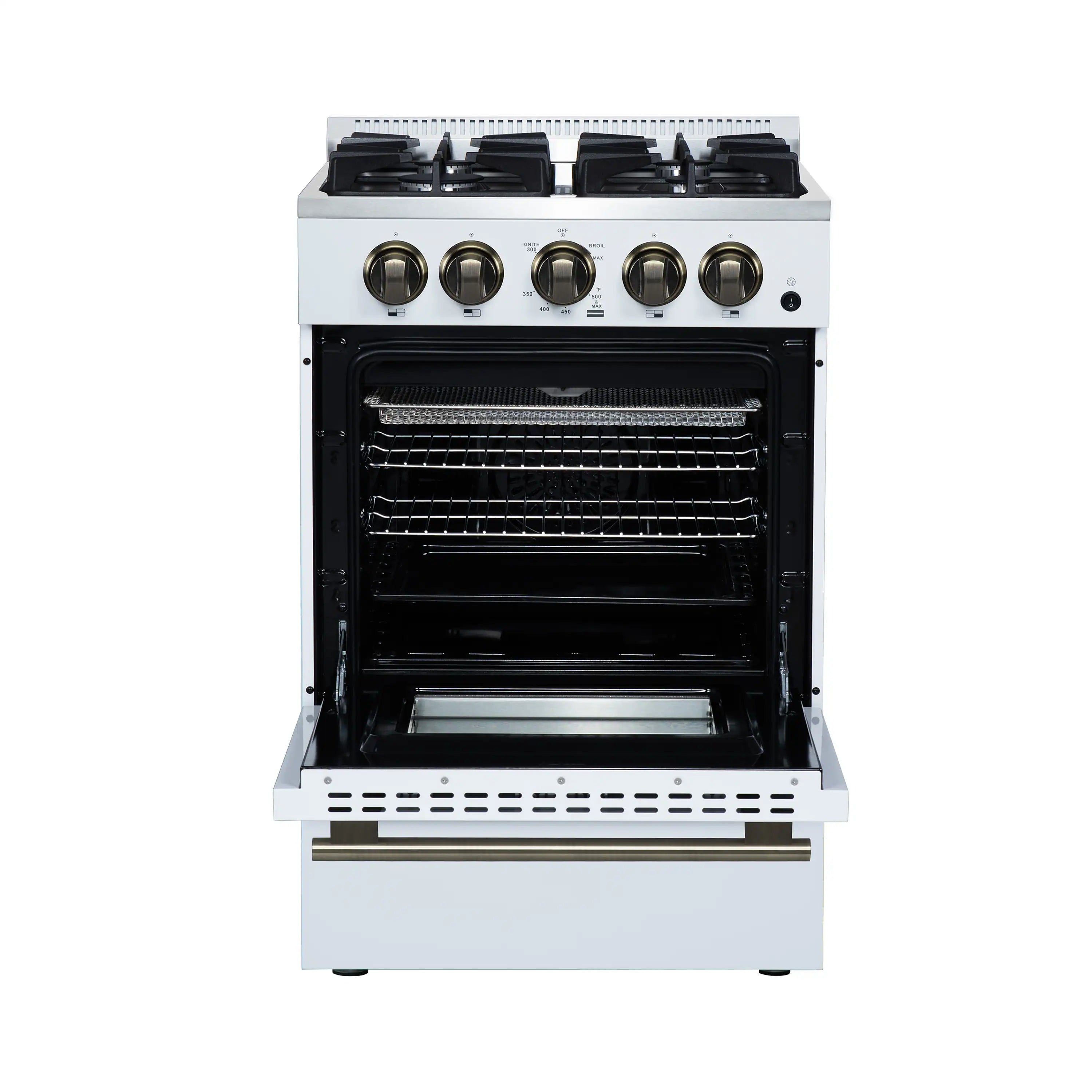 White freestanding gas range with oven door open, visible oven racks inside