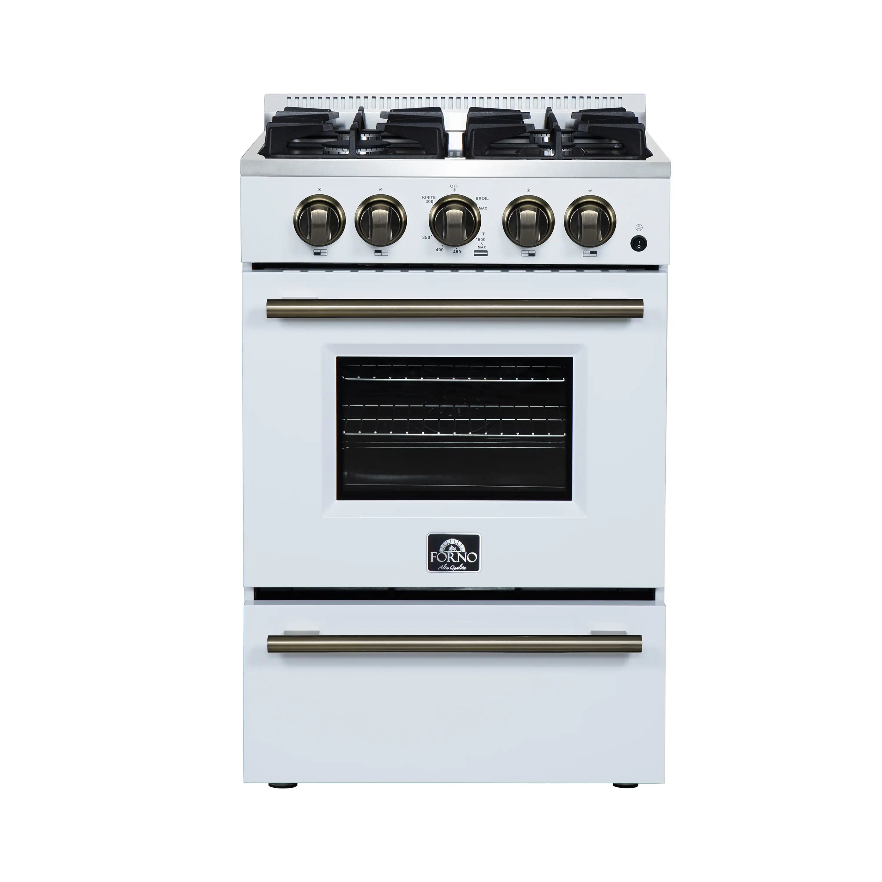 Freestanding gas range in white with four burners, brass knobs, and oven window door