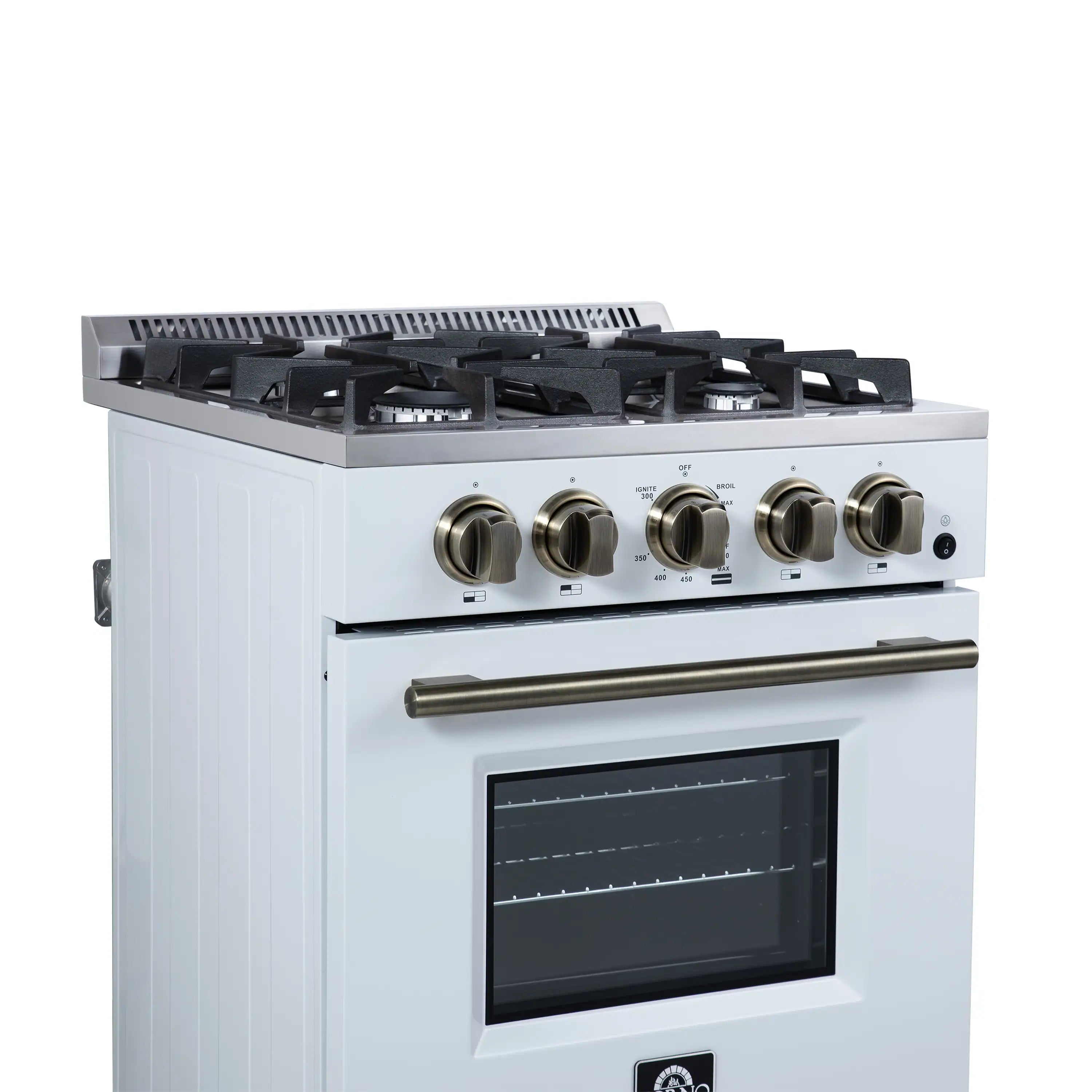 White freestanding gas range with brass knobs, black burner grates, and oven window