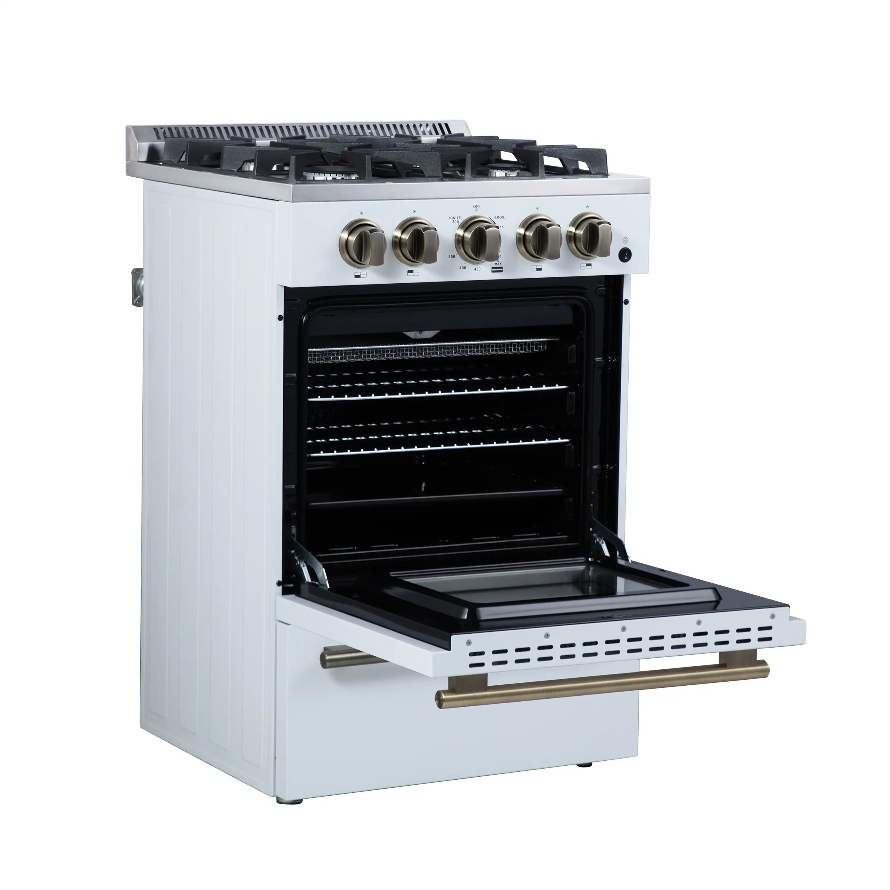 24-inch freestanding gas range in white with antique brass trim, with open oven door