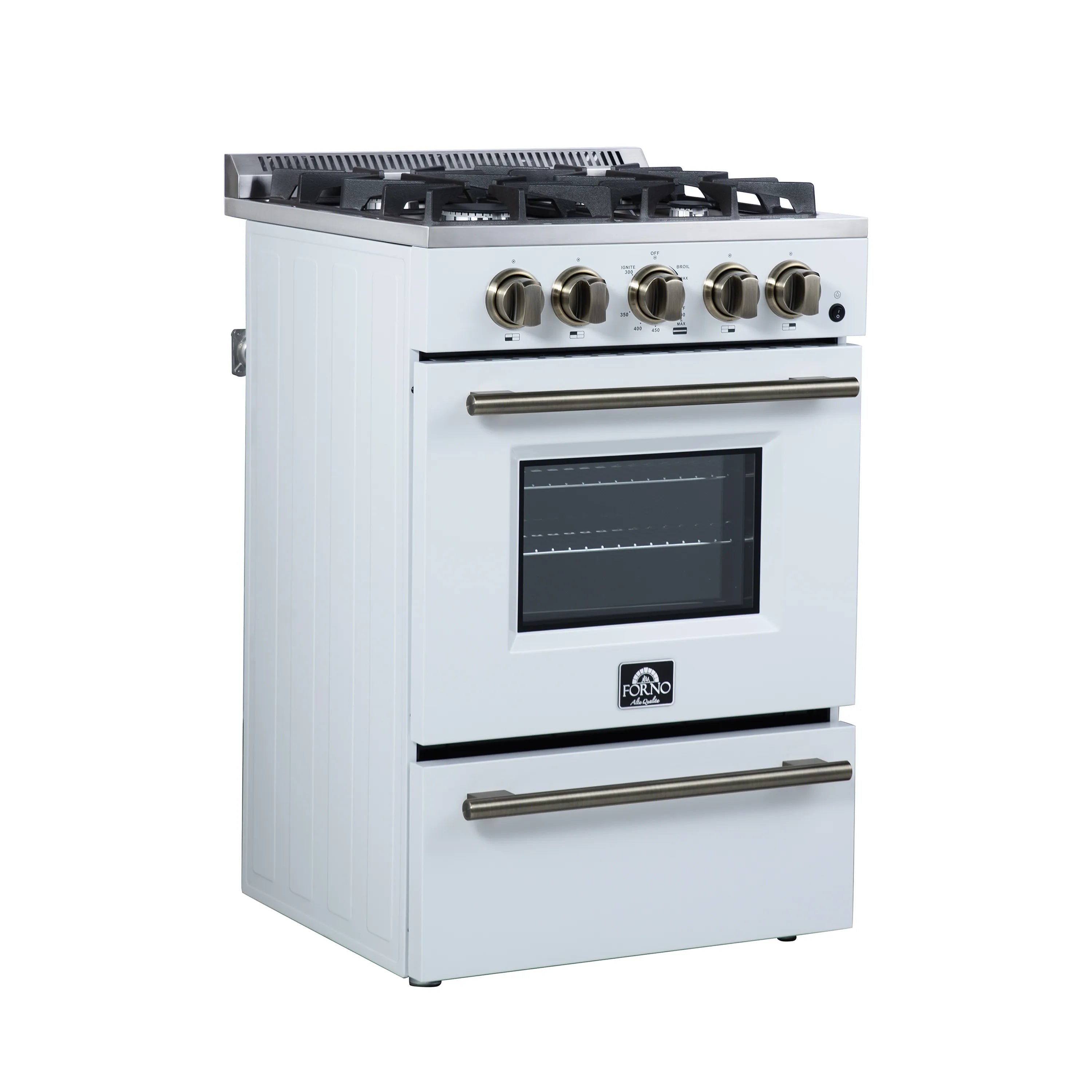 White gas range front with antique brass knobs, oven window, and front oven handle