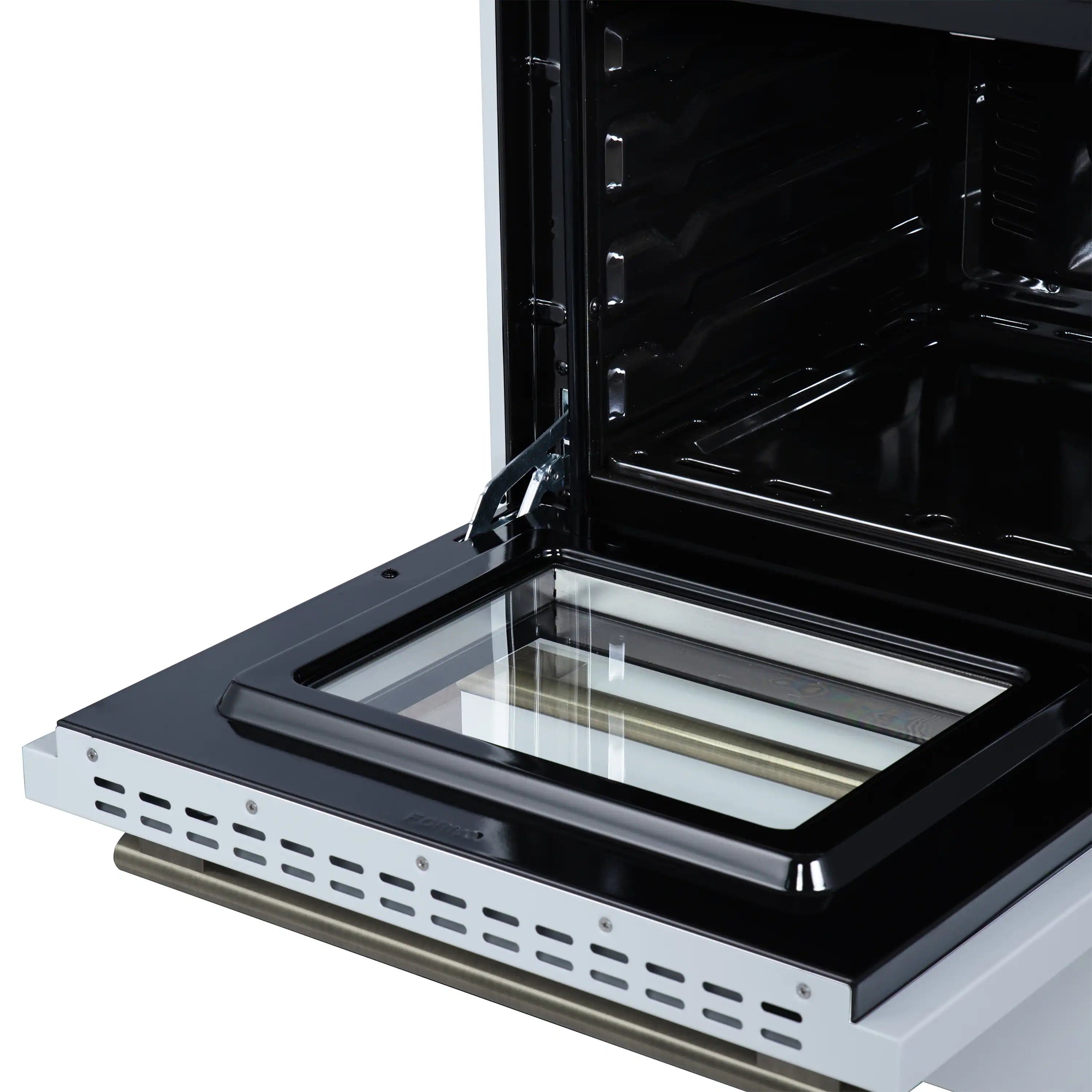 Freestanding gas range front with glass window and broiler drawer pulled out