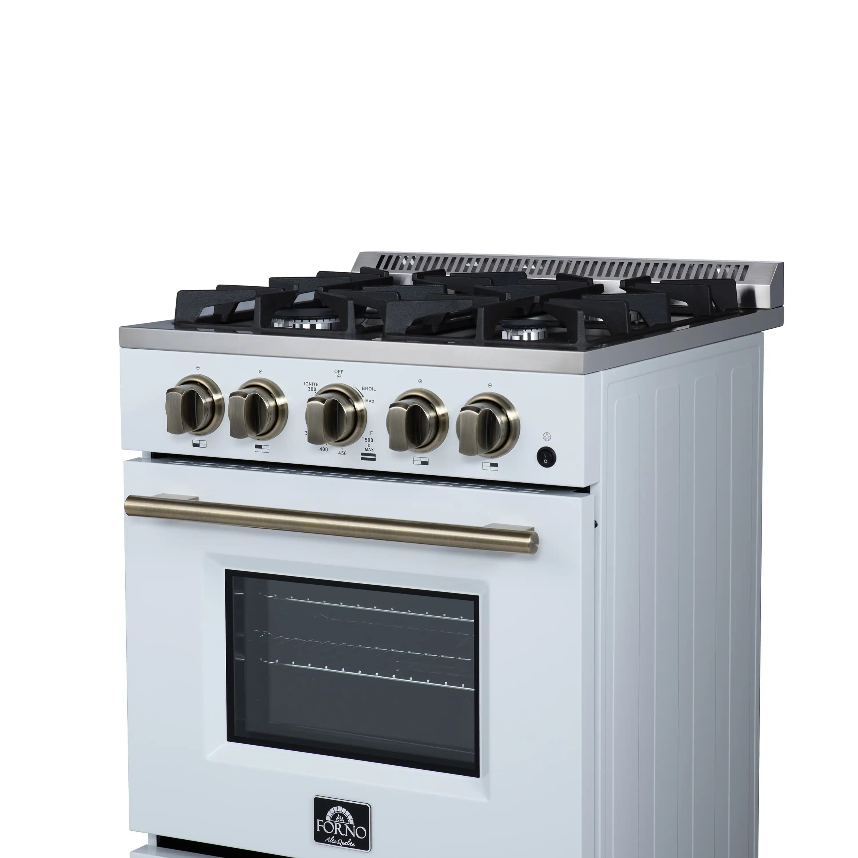 White freestanding gas range front view, five burner grates and brass-trim knobs