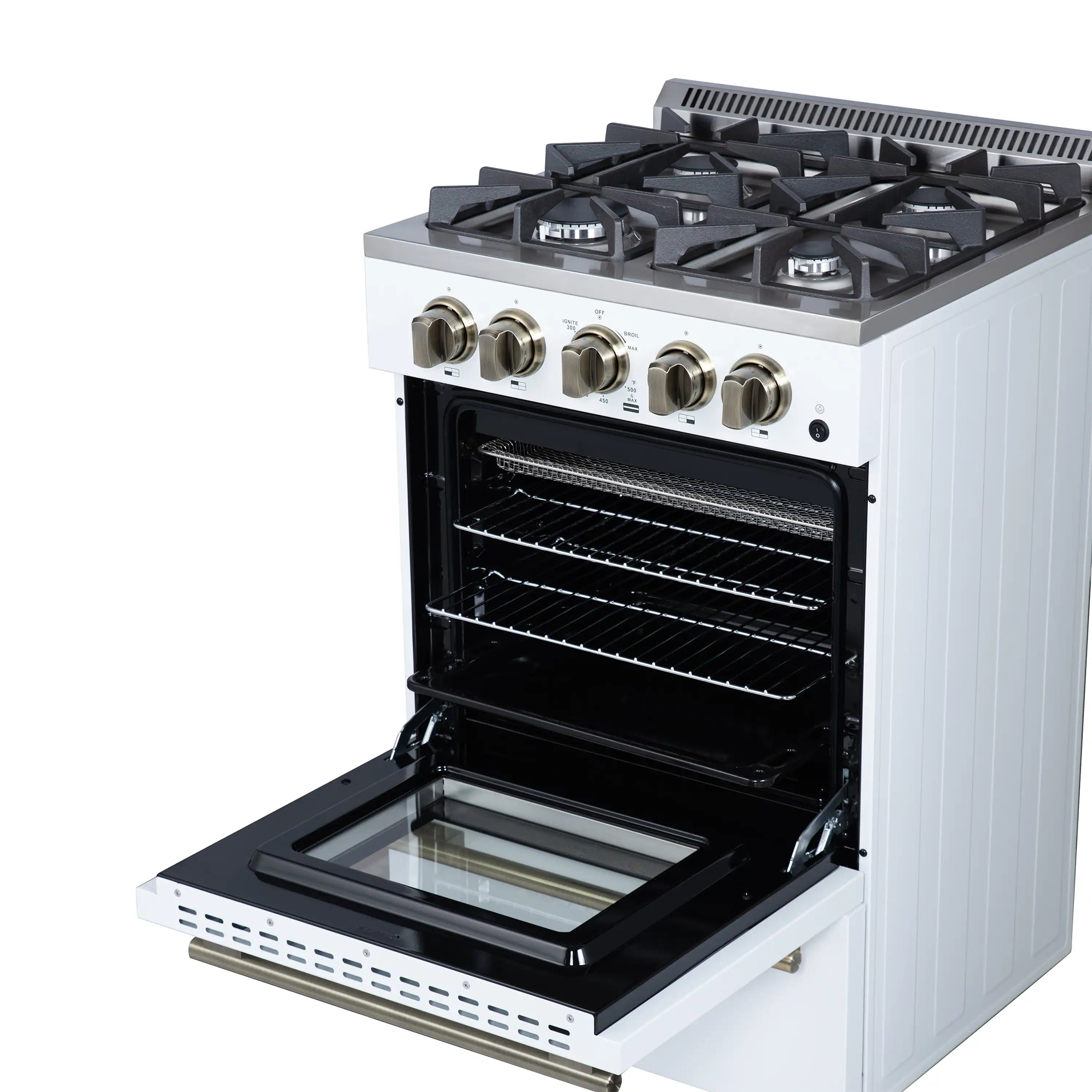 Freestanding white gas range with open oven showing racks and broiler drawer