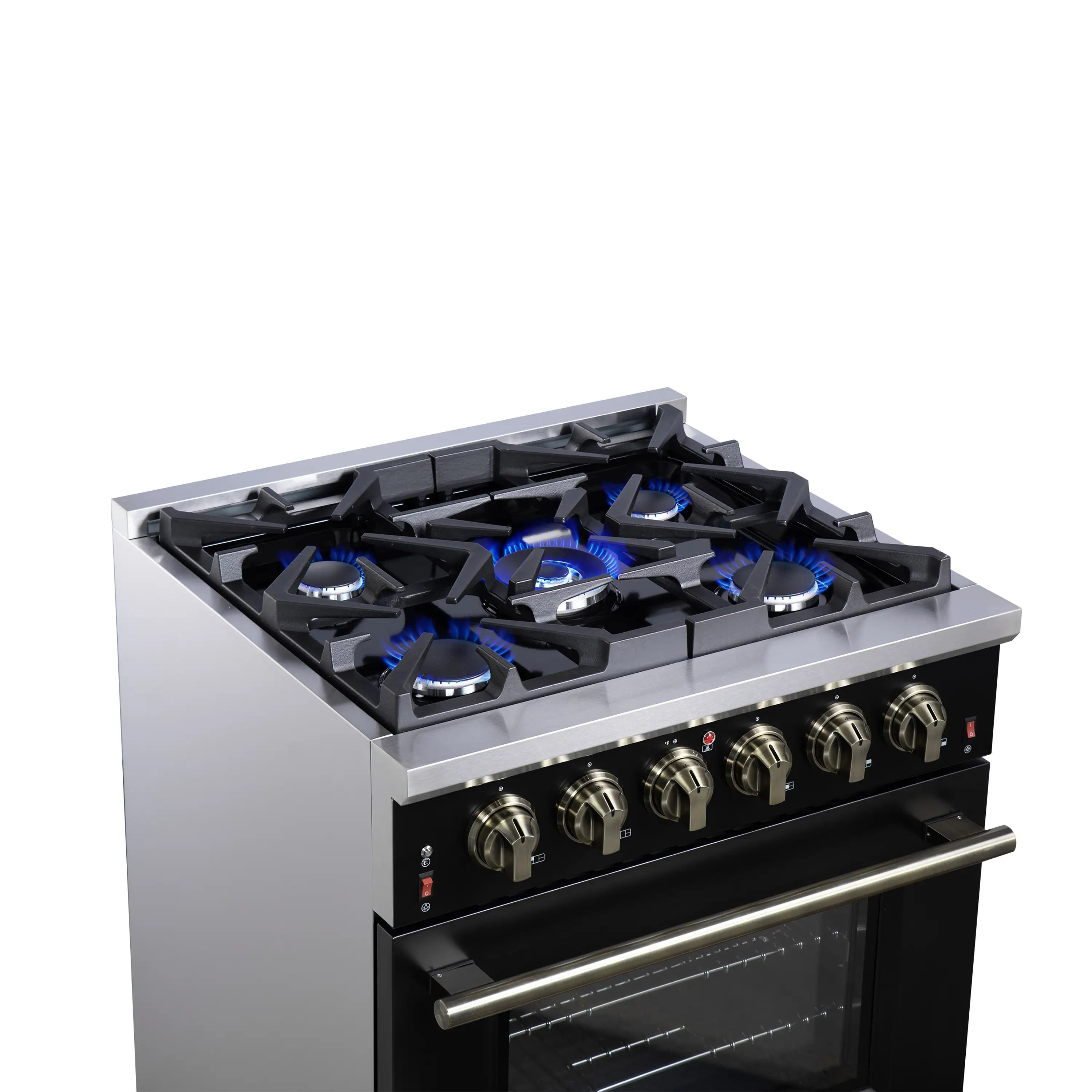 Black freestanding gas range with five burner flames, gold knobs, and oven door window.
