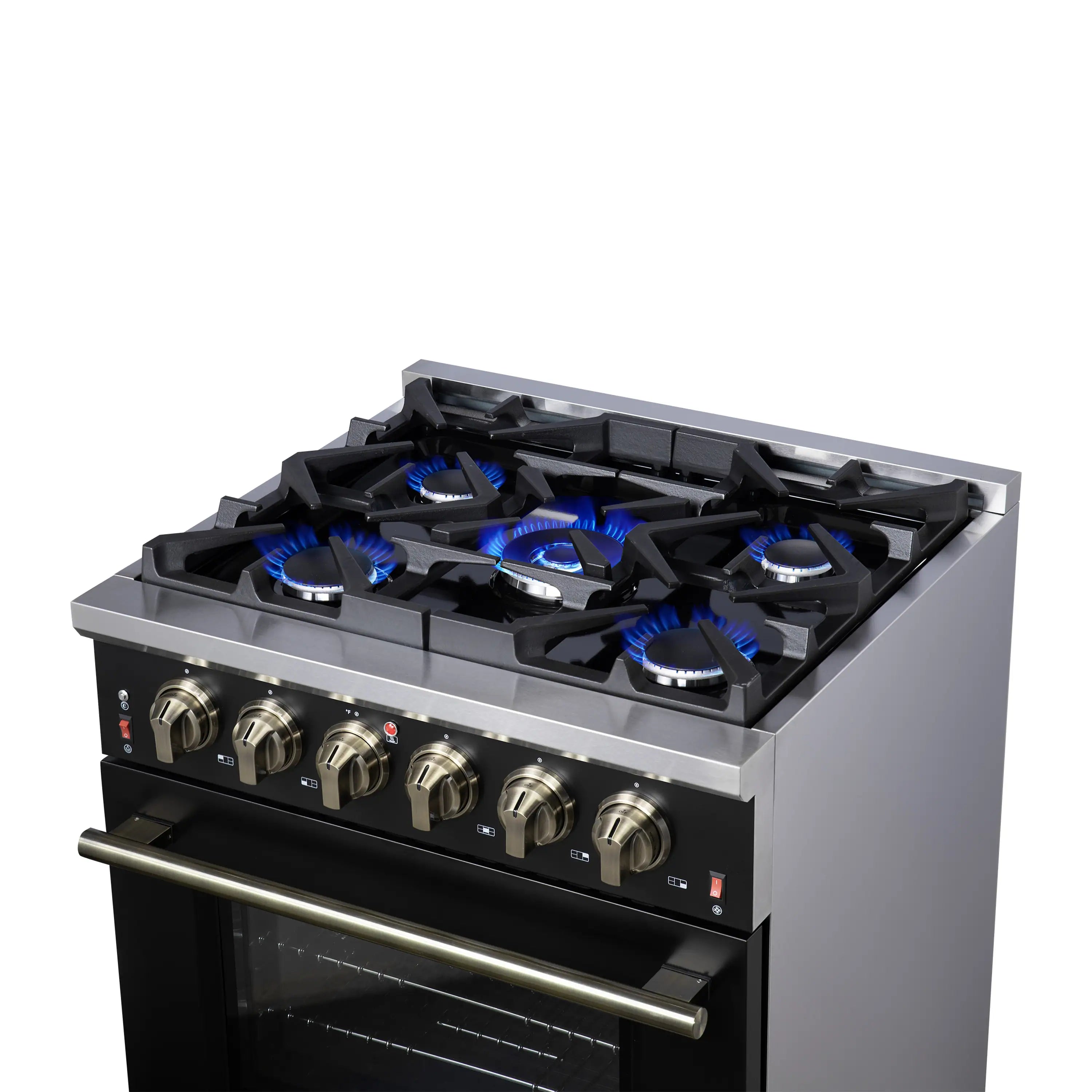 Black freestanding gas range with four lit burners and stainless grates on top.