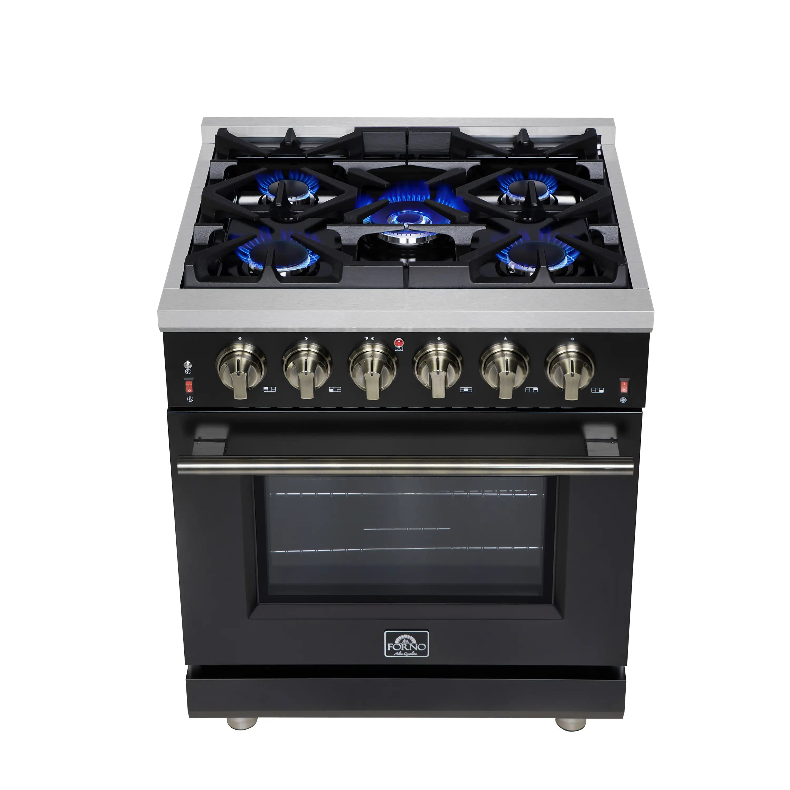 Black freestanding gas range with 4 blue burners and convection oven window, antique brass knobs