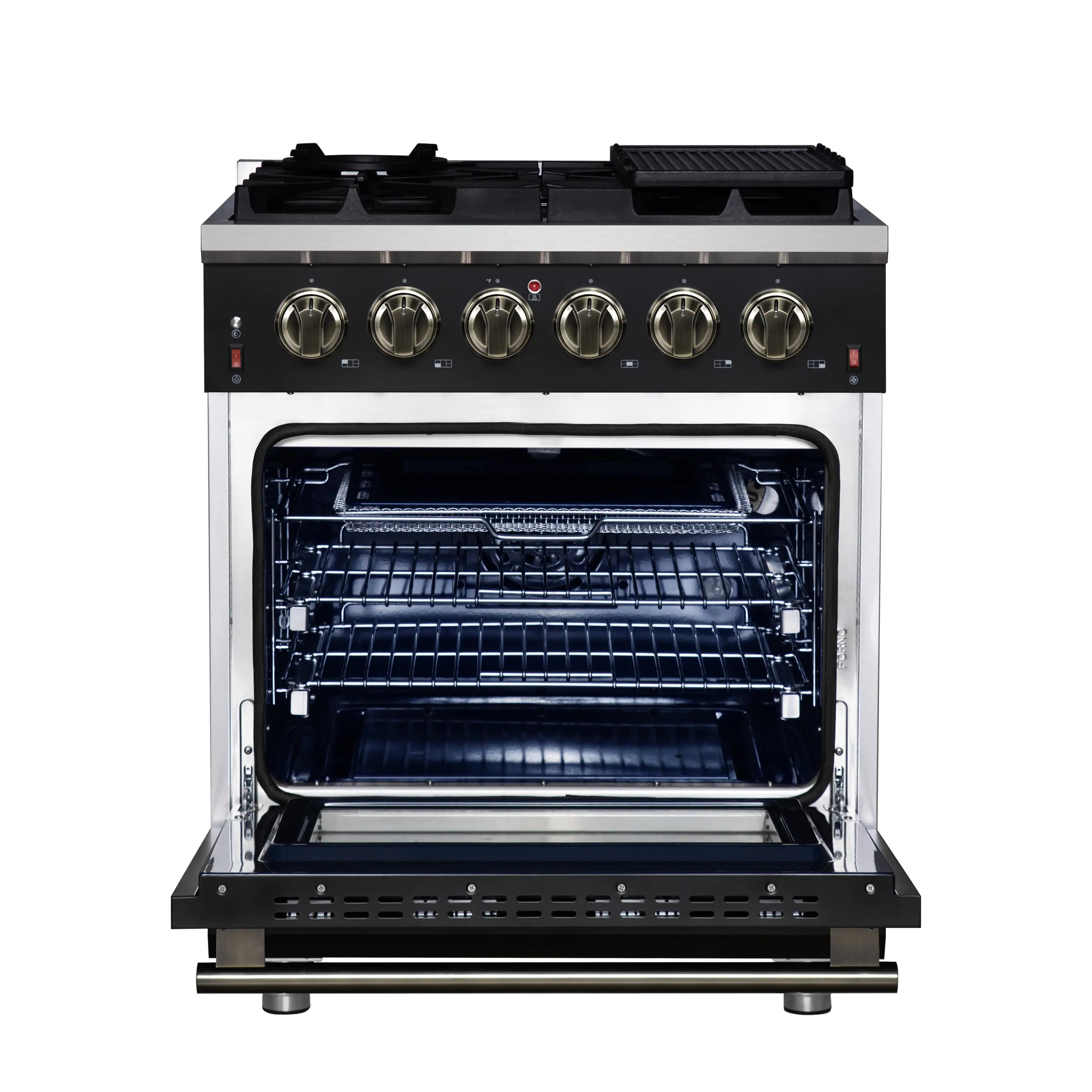 Convection oven with racks installed and open door; black glass oven cavity.
