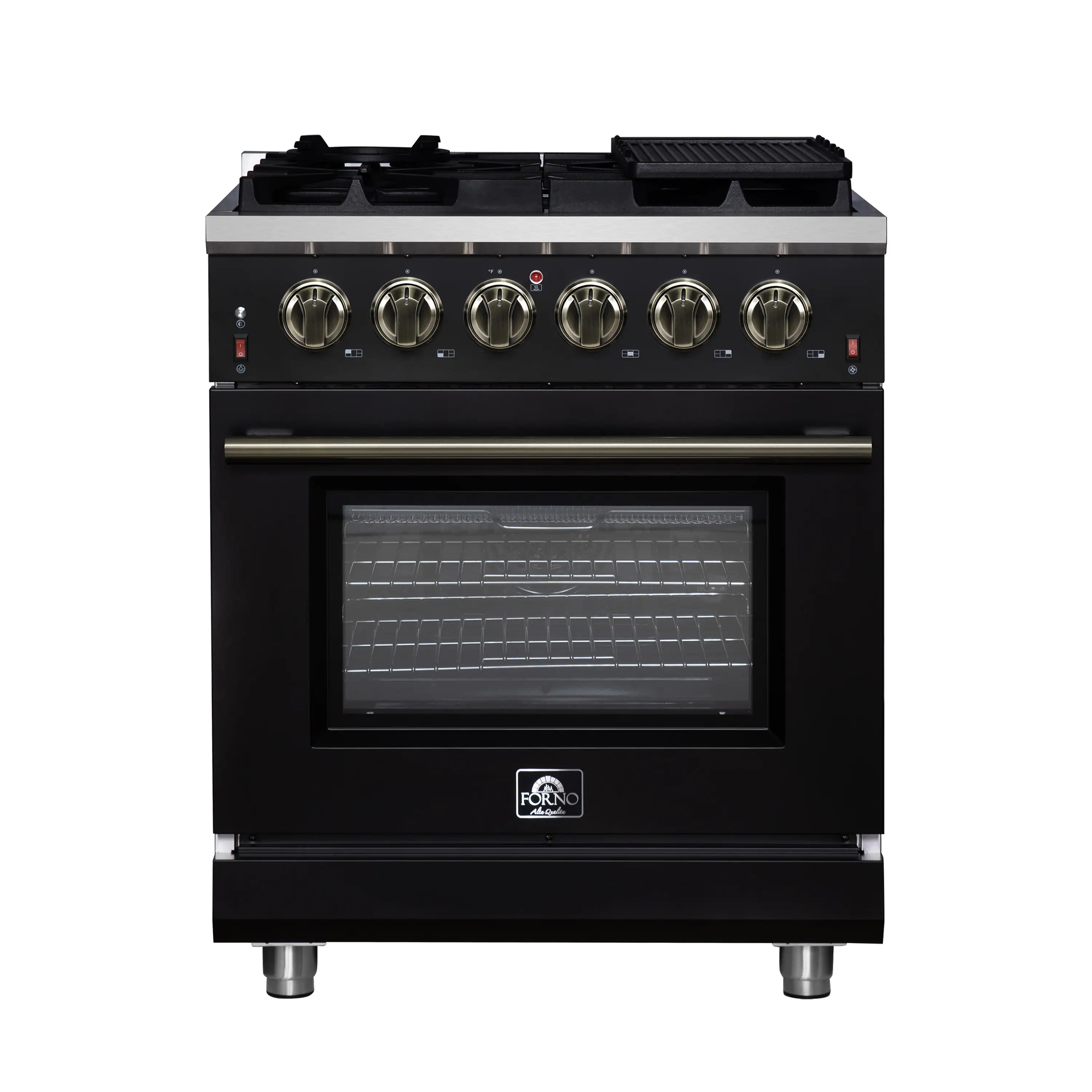 Black freestanding gas range front view with oven window, long brass handle, and knobs.