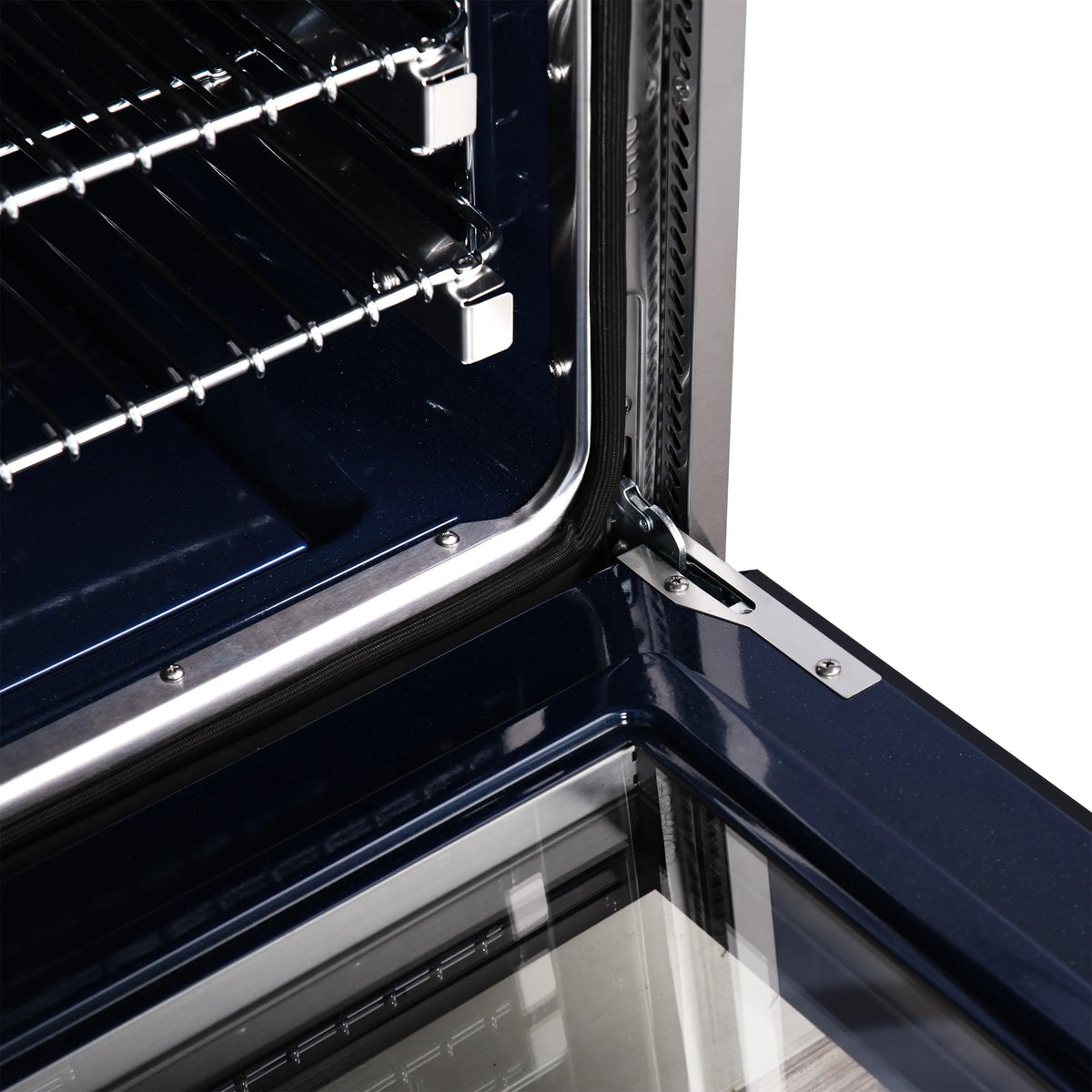 Convection oven interior with wire rack guides and side heating element detail.