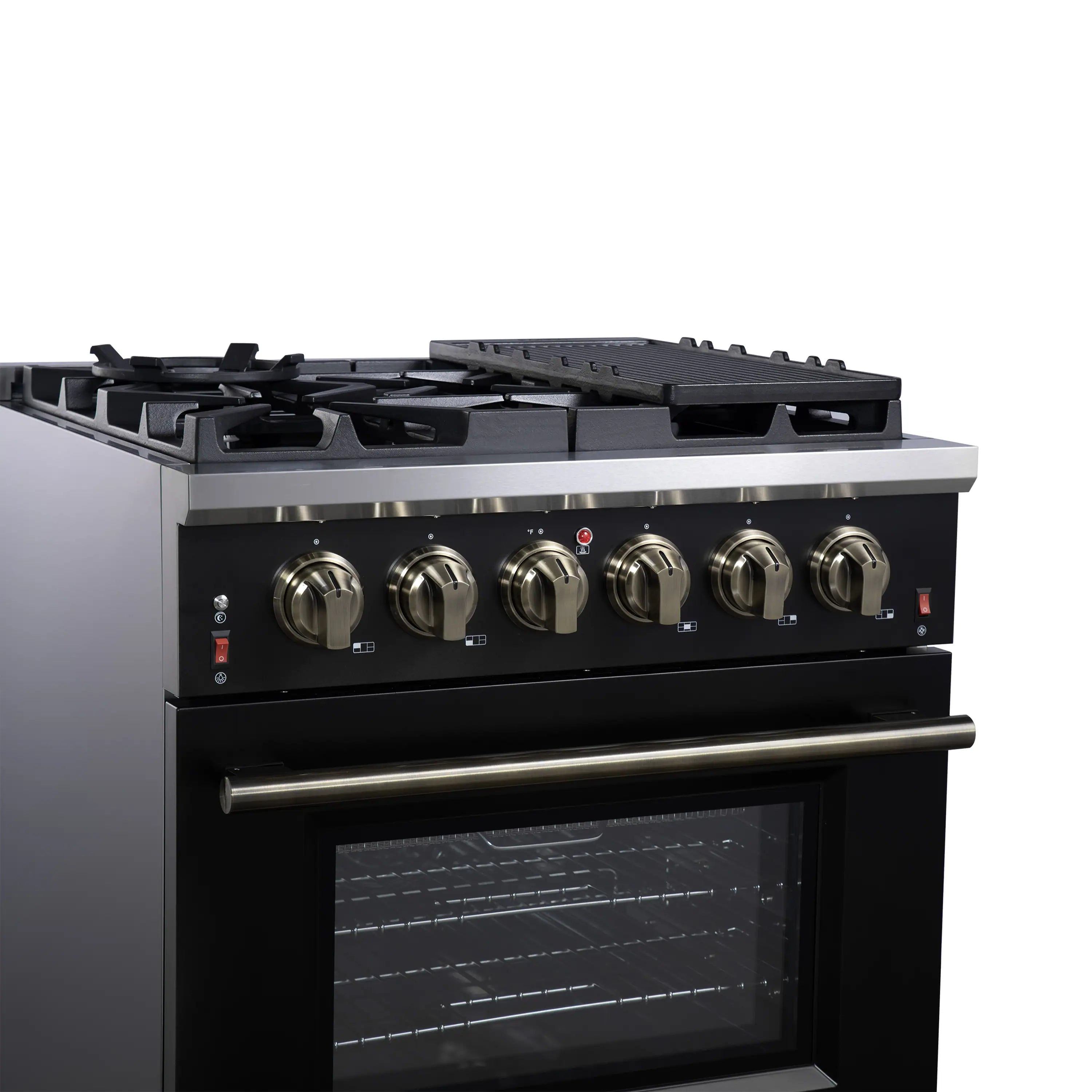 Black freestanding gas range with griddle and burners on top; convection oven door closed.