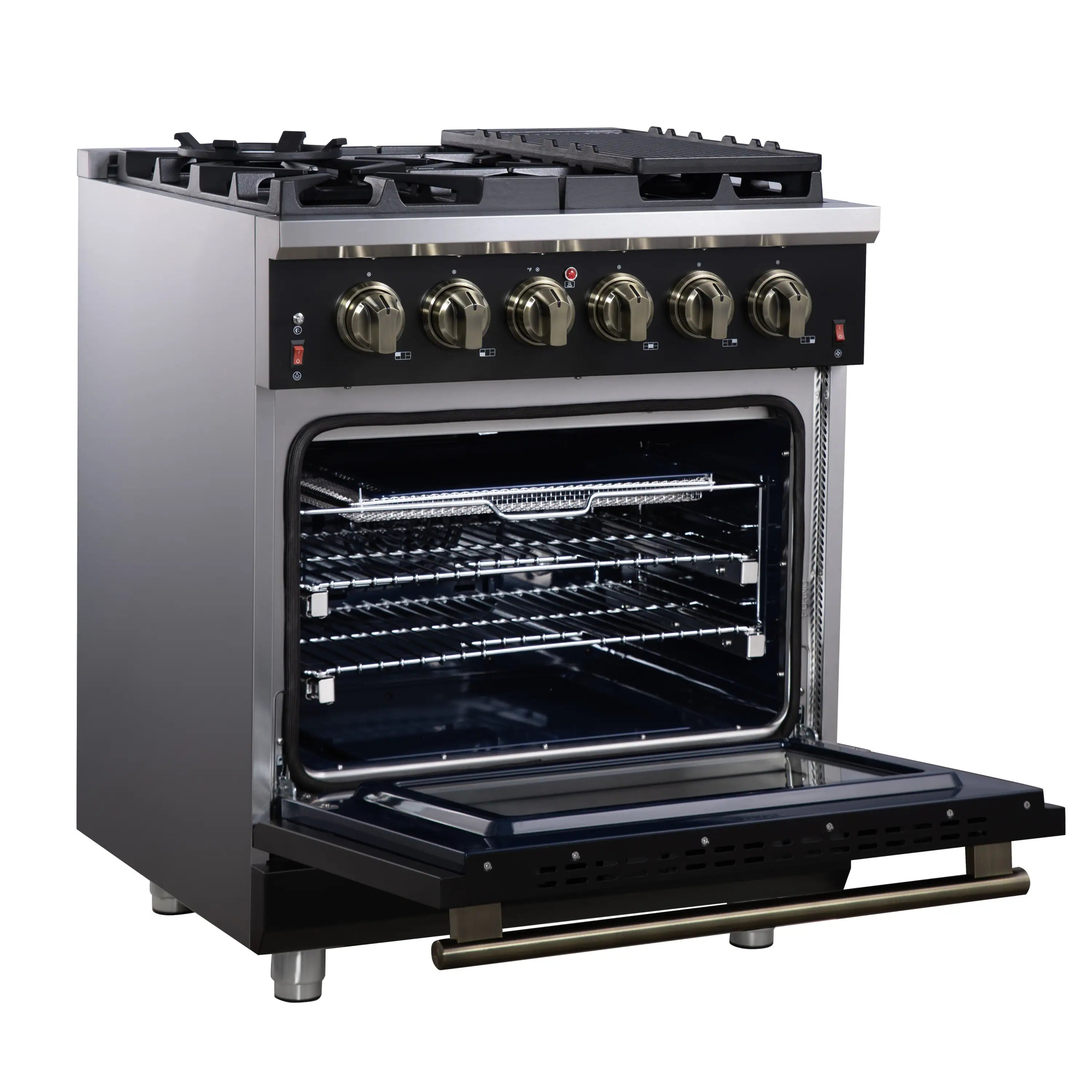 Black freestanding gas range with open convection oven door and burners on top.