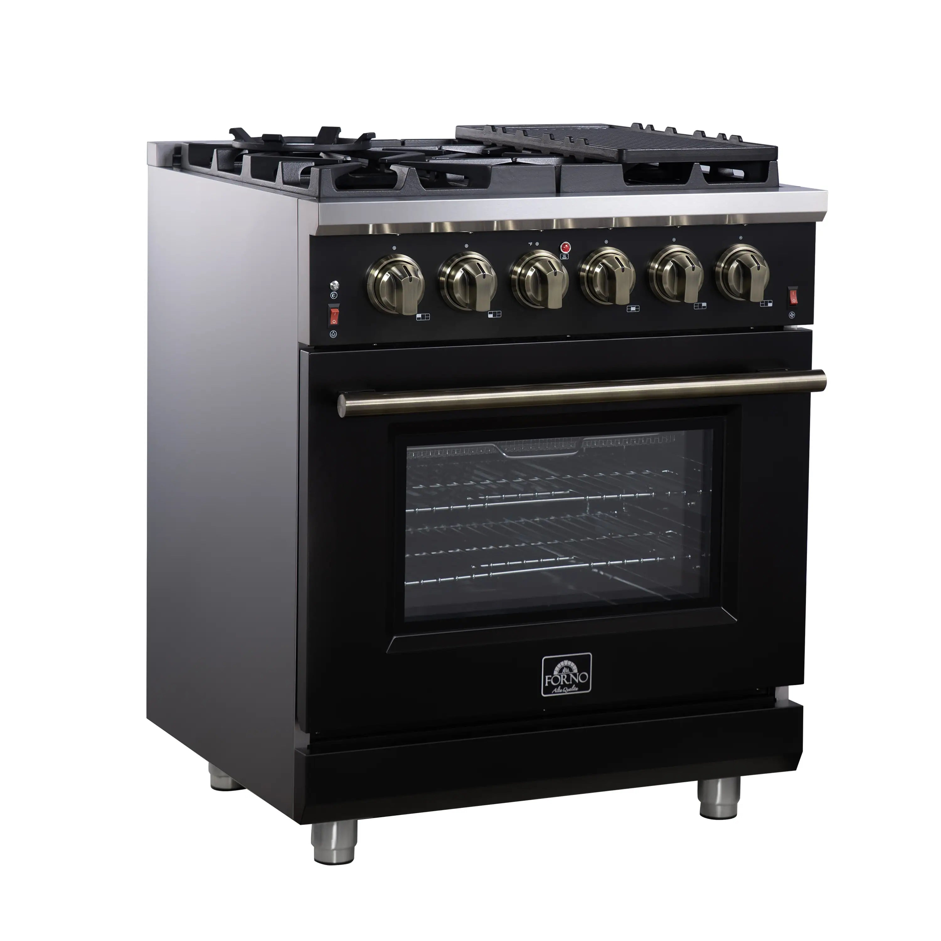 Black freestanding gas range with four burners, long brass handle, and oven window.