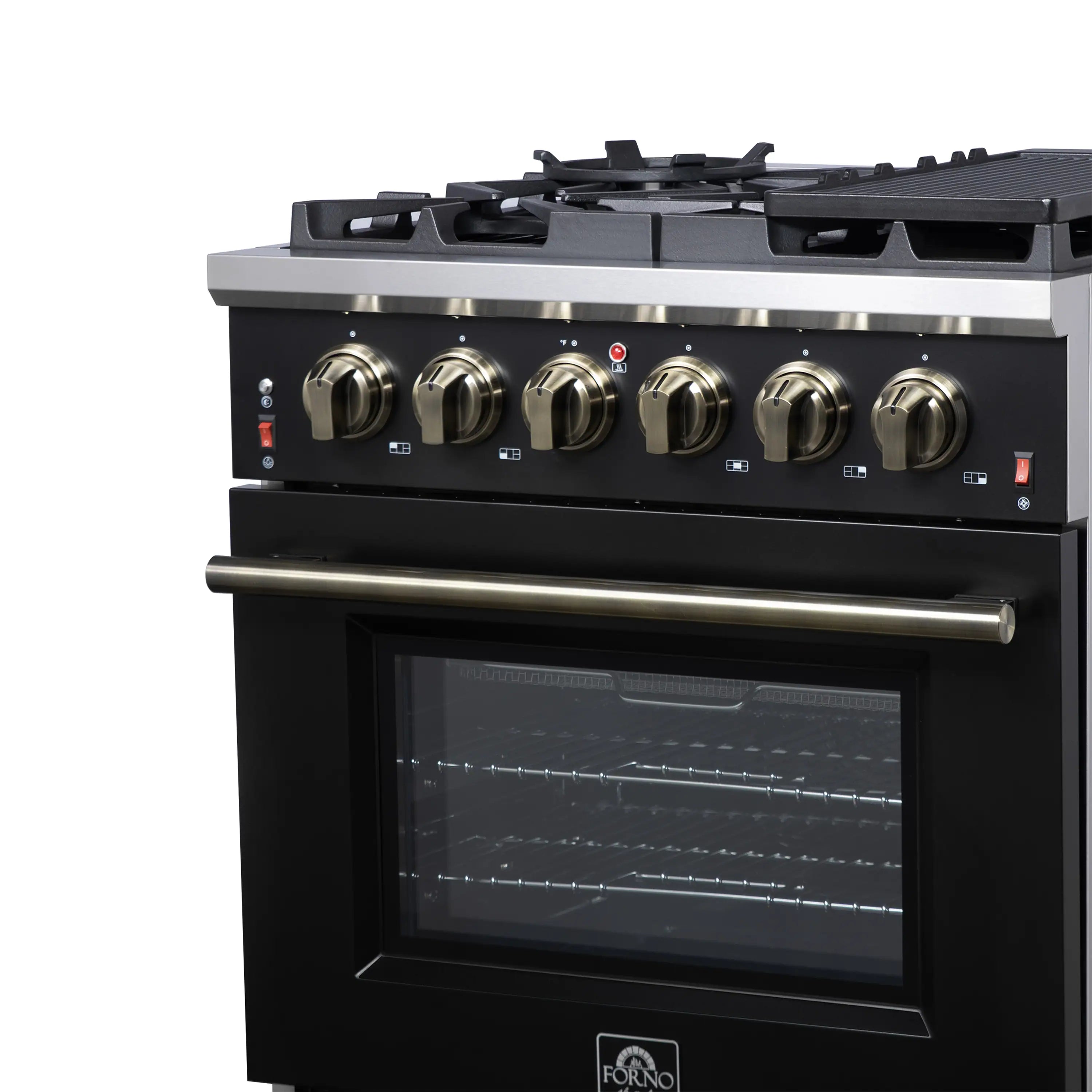Black gas range with antique brass-finish control knobs and convection oven door window