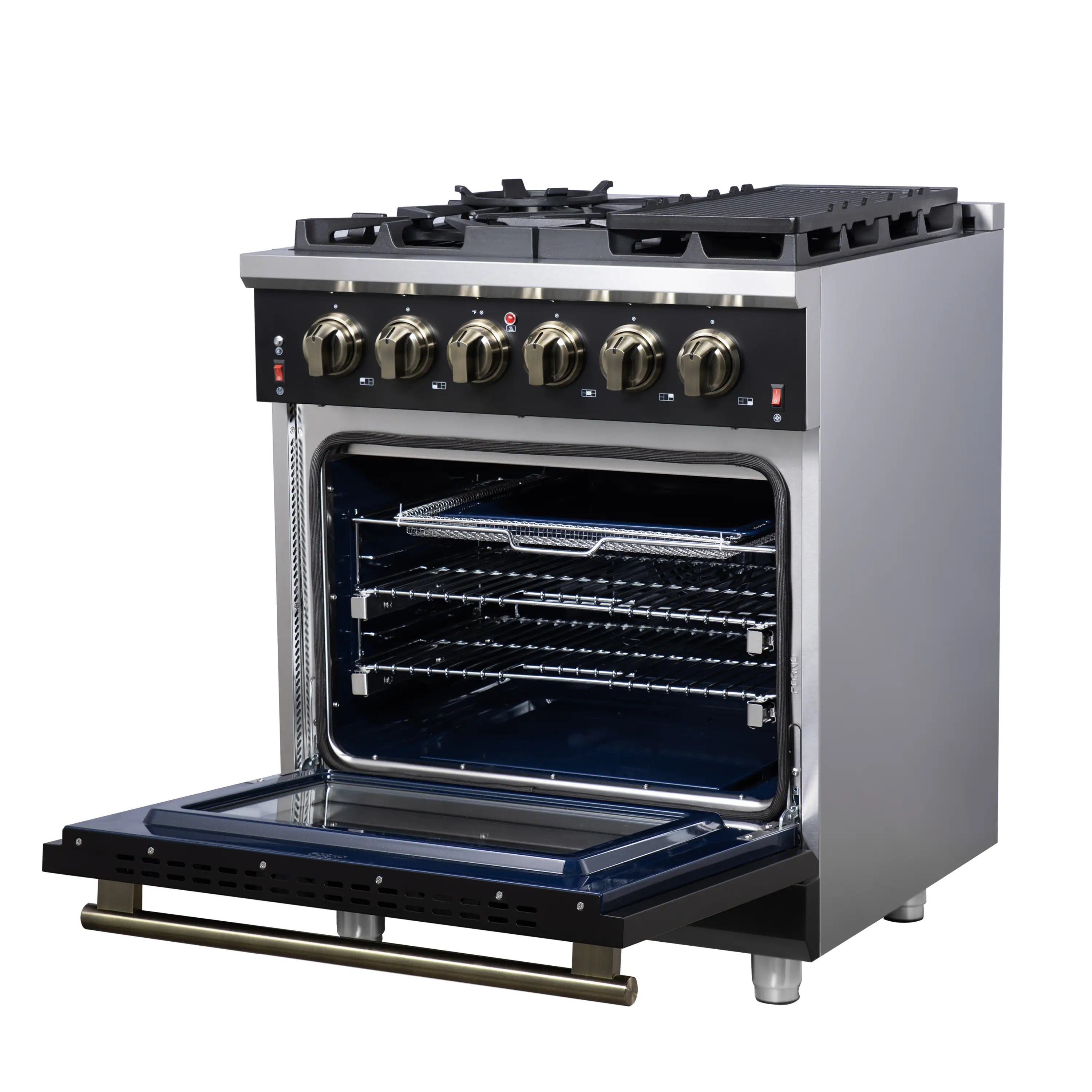 Black freestanding gas range with open convection oven, racks, and broiler tray