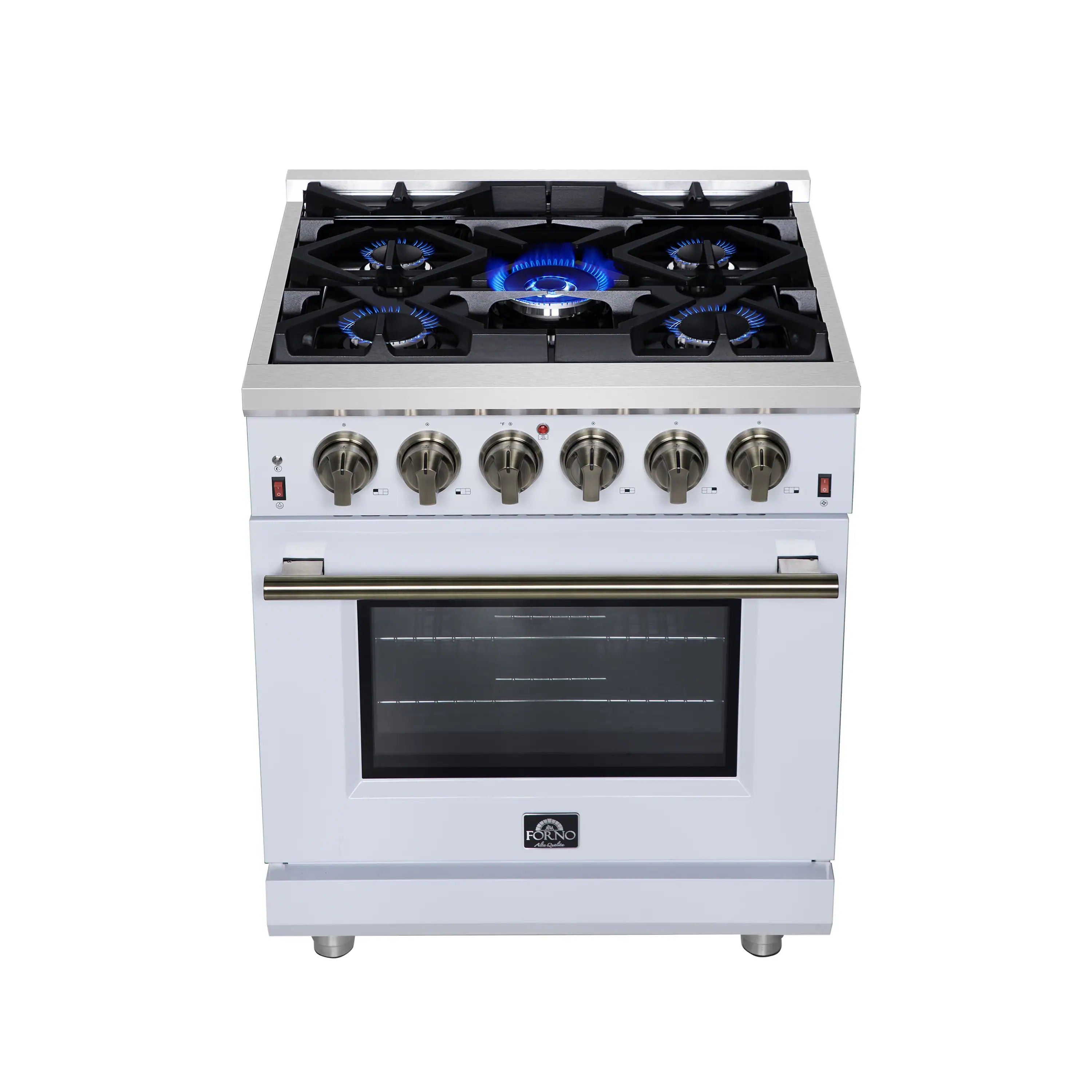 White freestanding gas range with four lit burners and convection oven door.