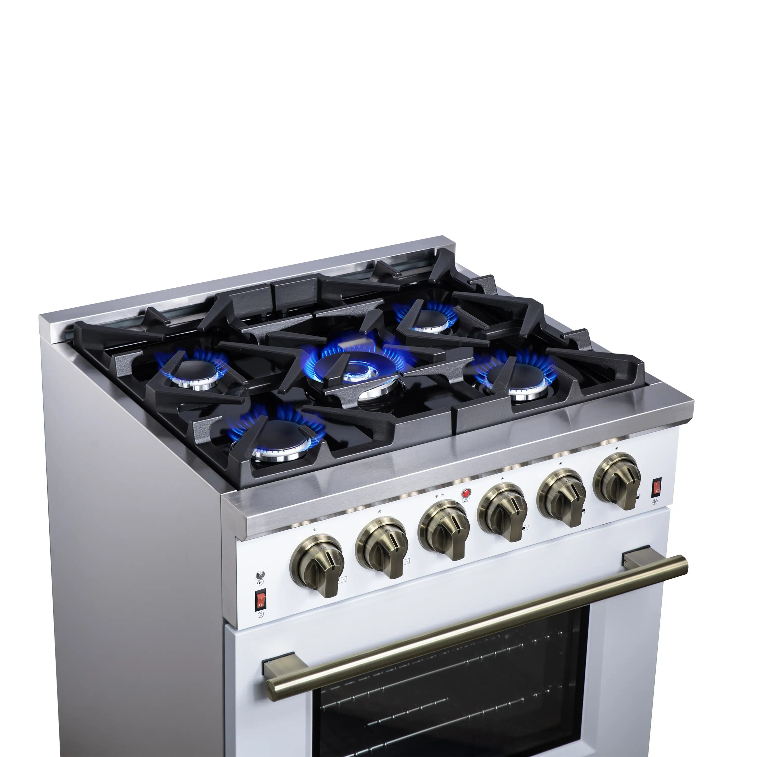 White freestanding gas range cooktop with four burners and brass-trim control panel.
