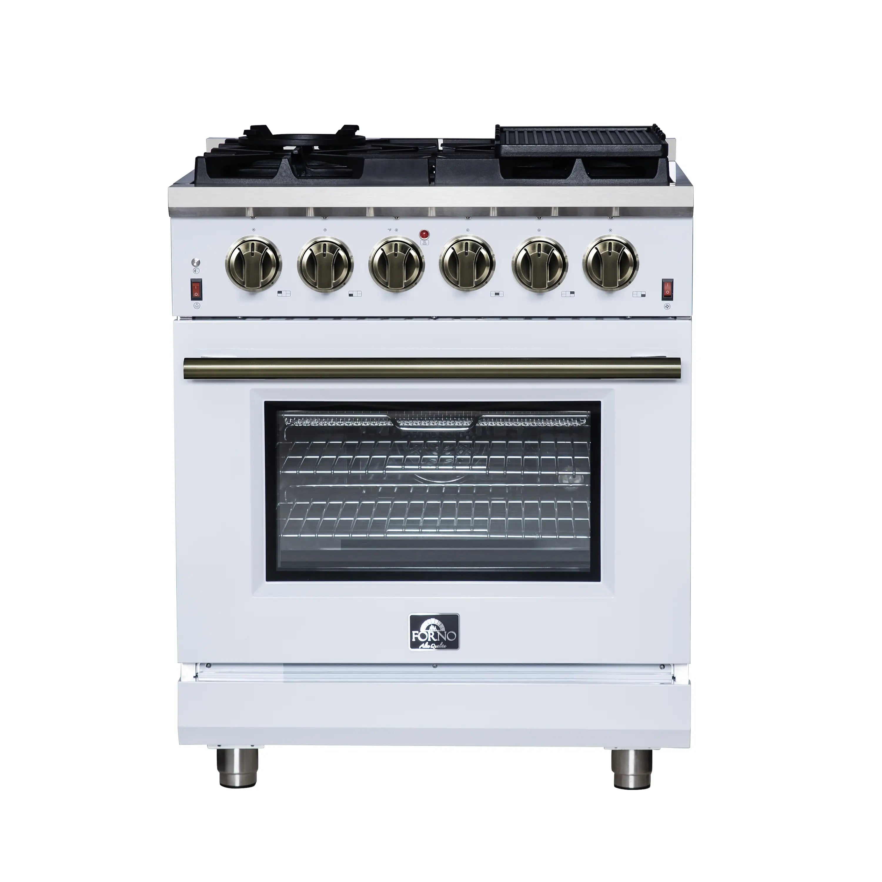 White freestanding gas range with four burners and convection oven, antique brass handle.