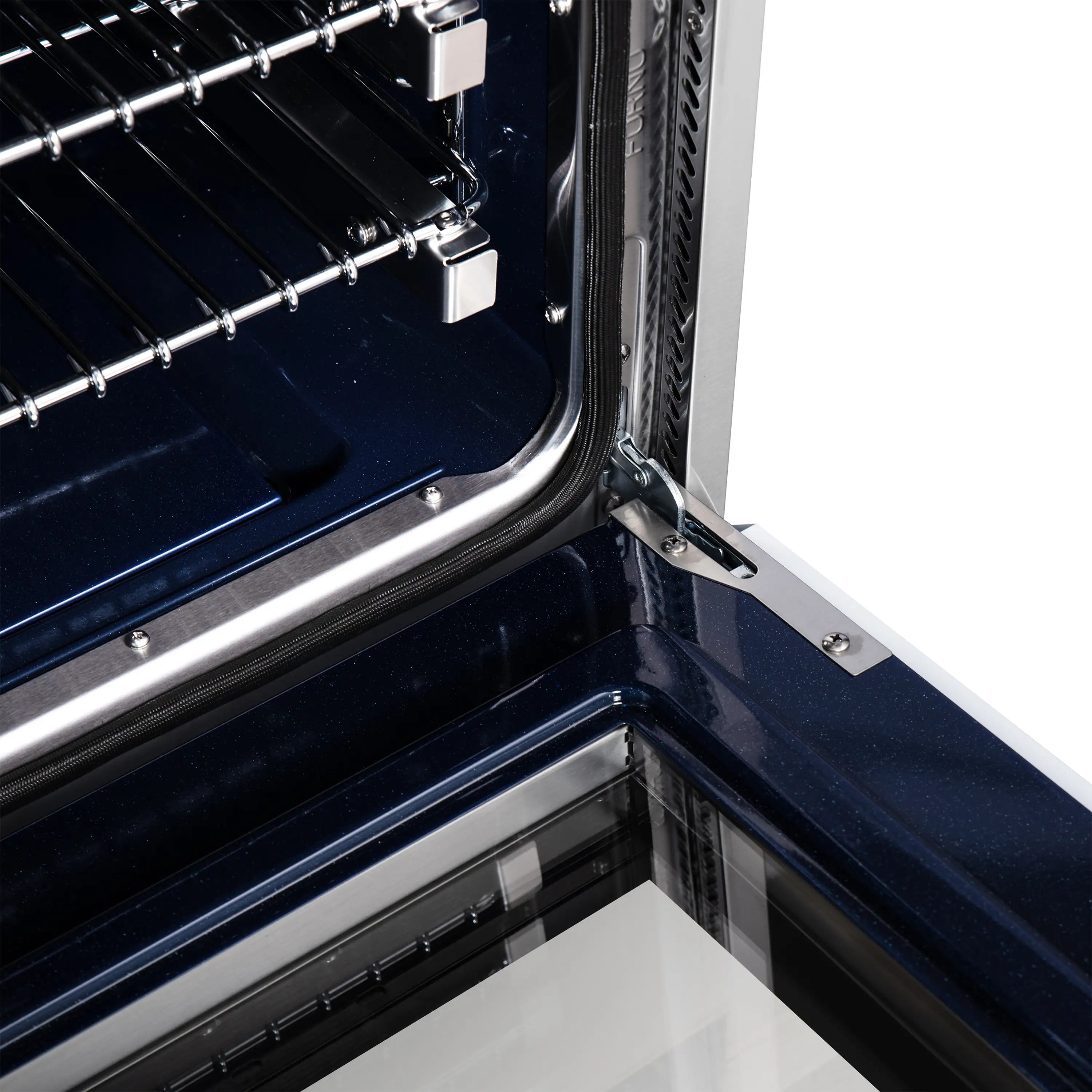 Gas oven interior corner with racks, side wall, and pull-out door hinge