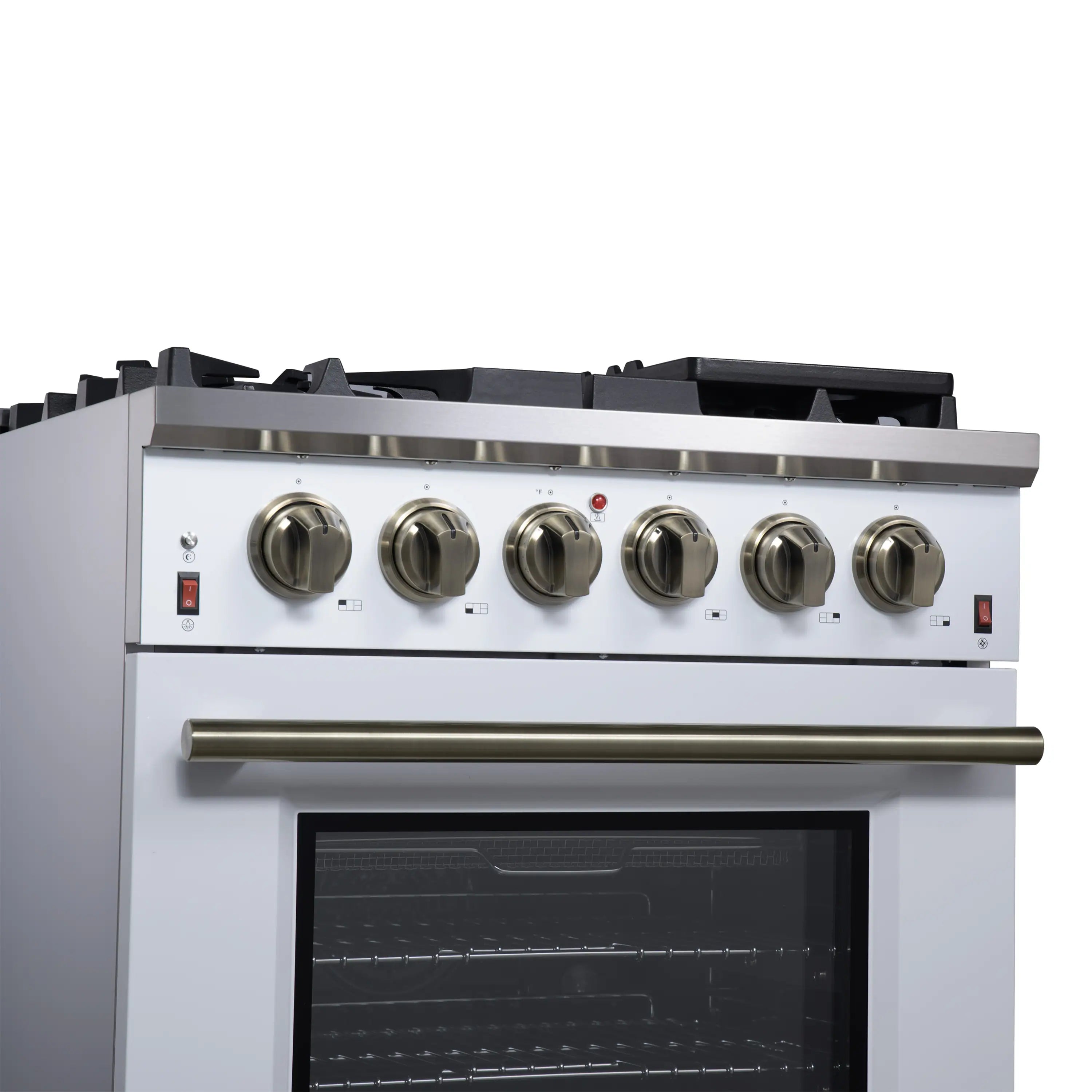 White gas range close-up of six round burner control knobs and front oven door window