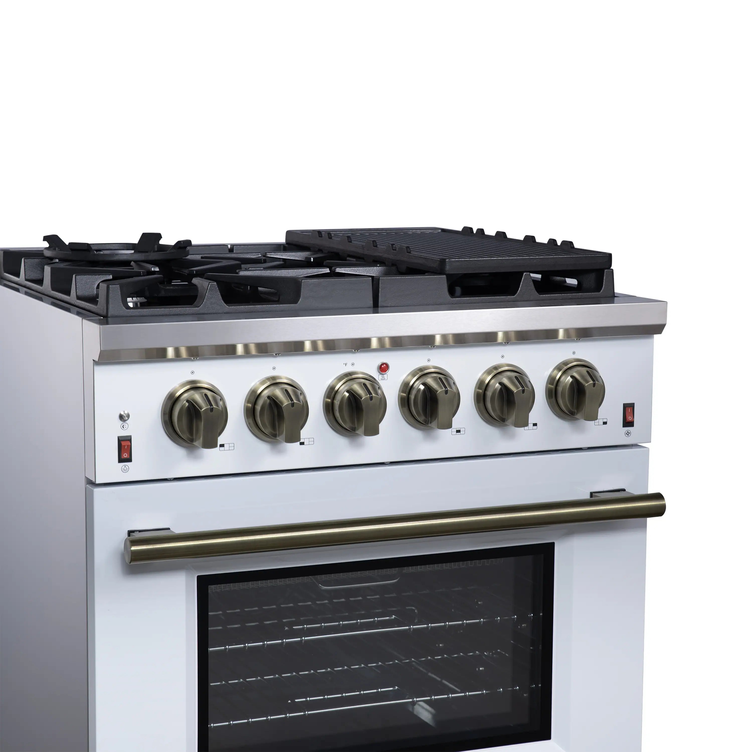 White freestanding gas range front view with black cooktop grates and oven window