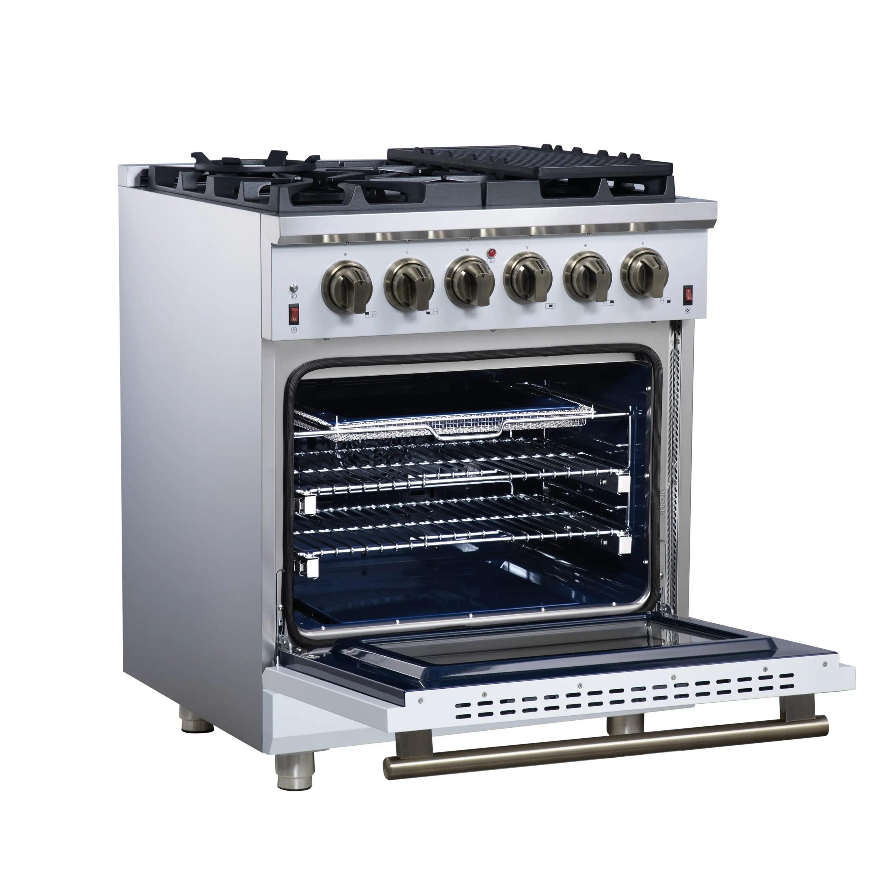 White freestanding gas range with oven door open and interior racks visible