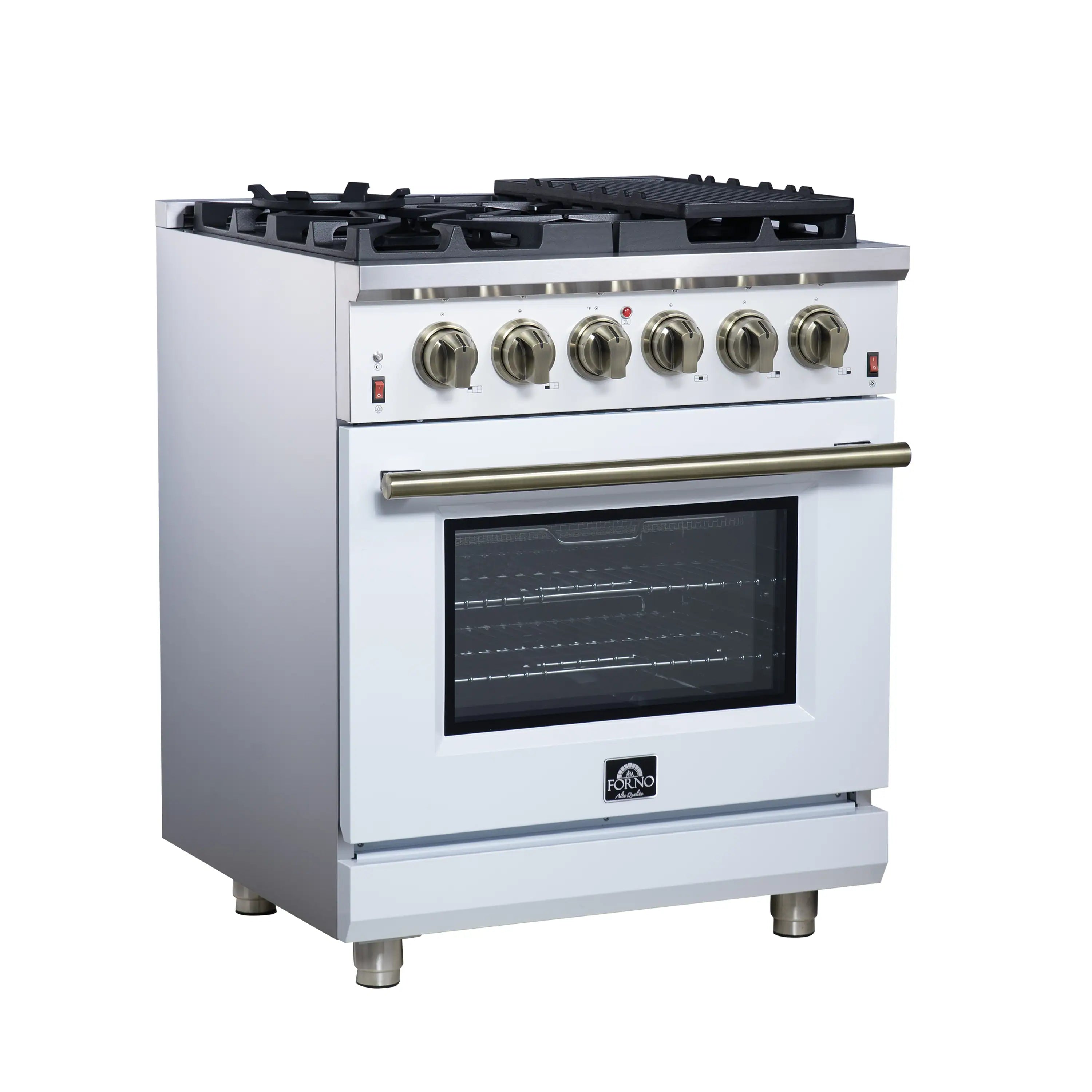 White freestanding gas range with black cooktop grates, six knobs, and oven door window
